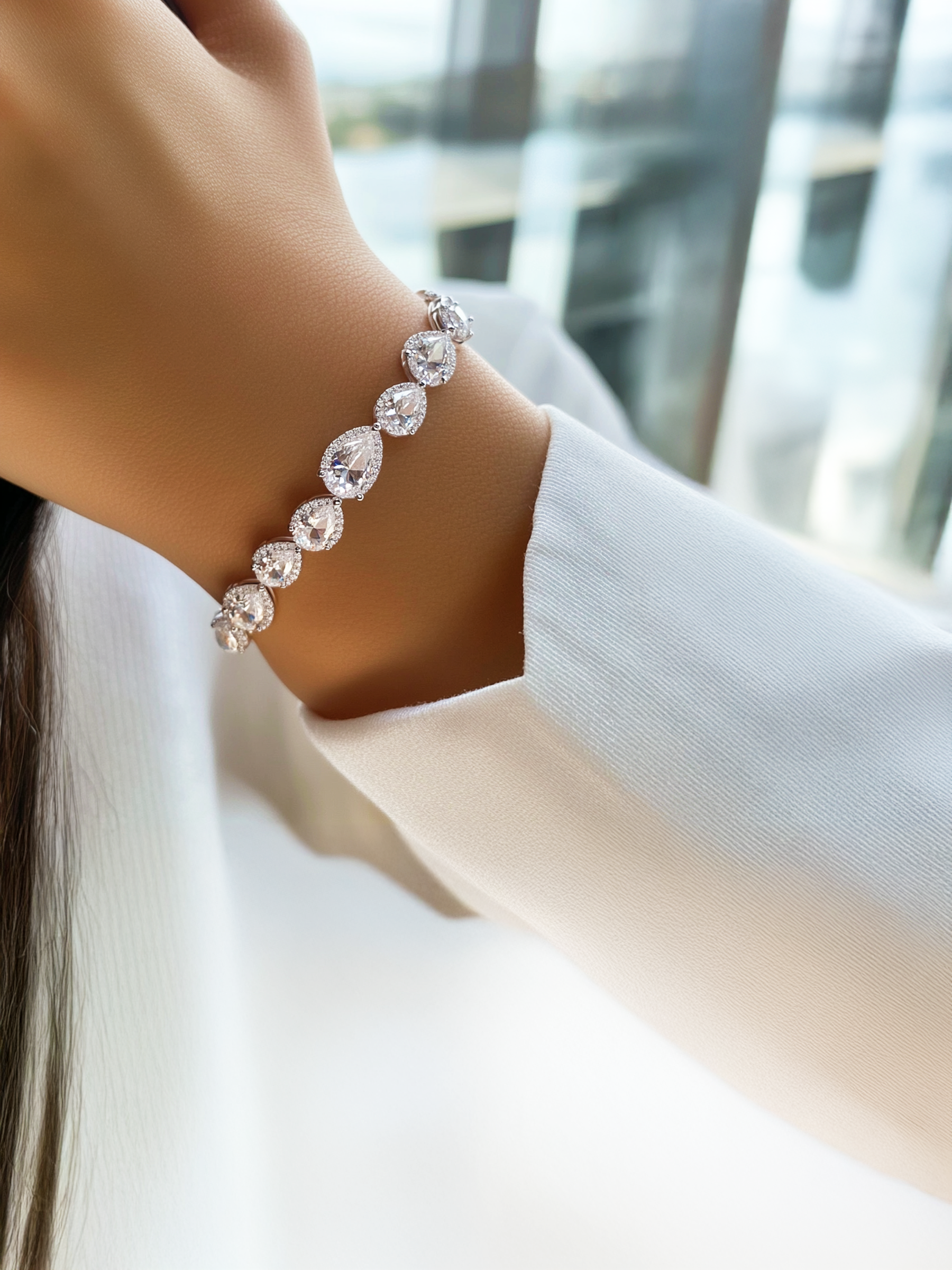 Sparkling Pear Cut Tennis Bracelet Rhodium Plated