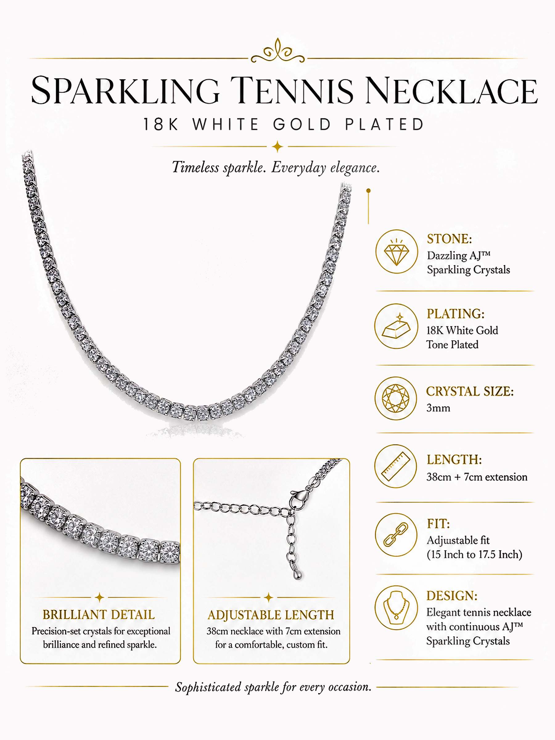 Sparkling Tennis Necklace 18K White Gold Plated 5Ct