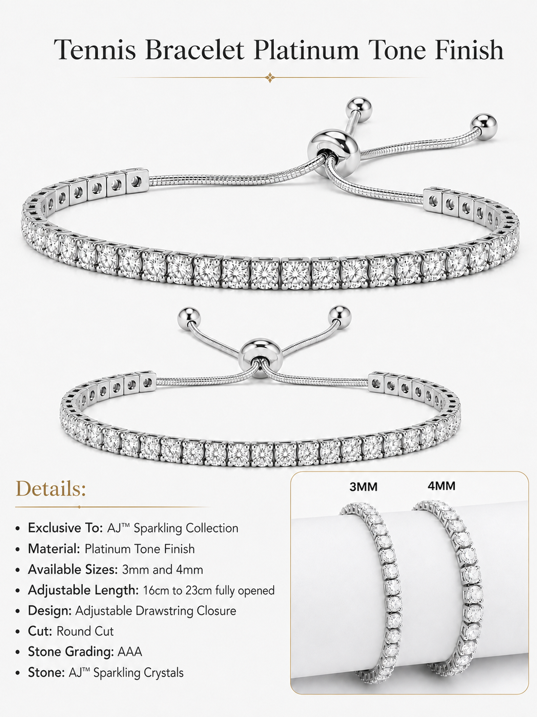 Tennis Bracelet Platinum Tone Finish