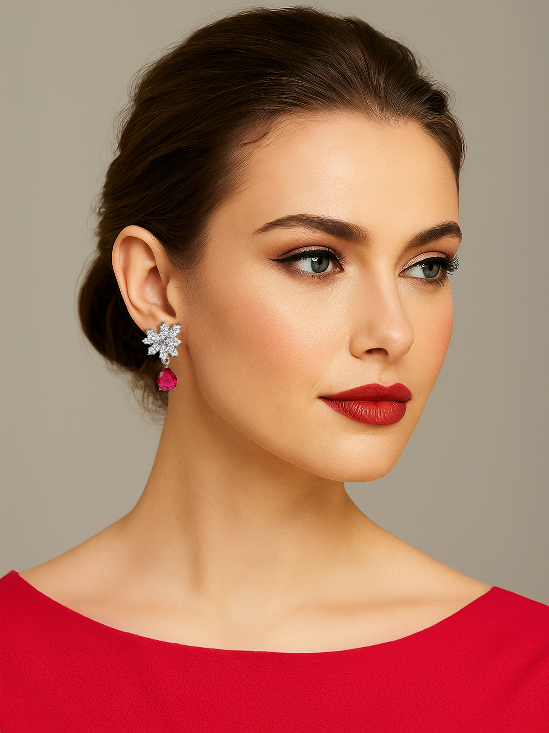 Teardrop Ruby Leaf Drop Earrings