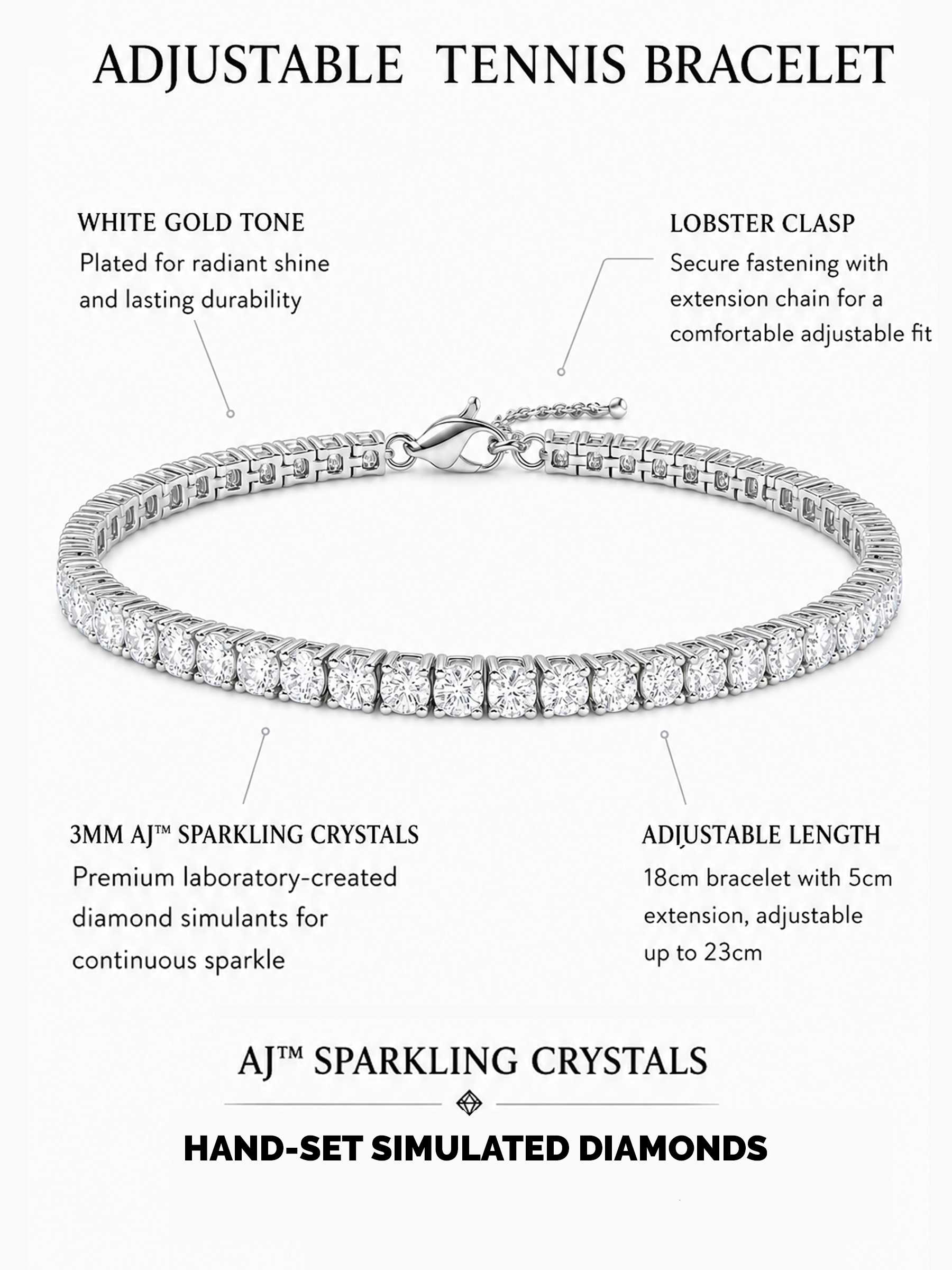 Adjustable Tennis Bracelet 18K White Gold Plated