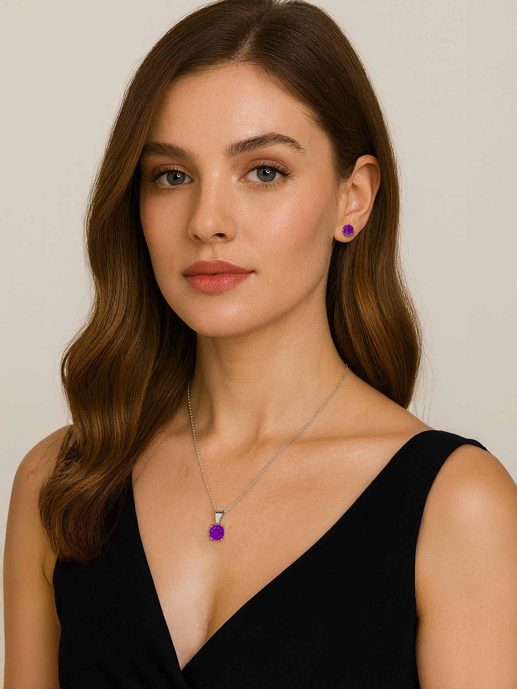 Woman wearing a 1.25ct Lab Grown Amethyst Purple Pendant Necklace