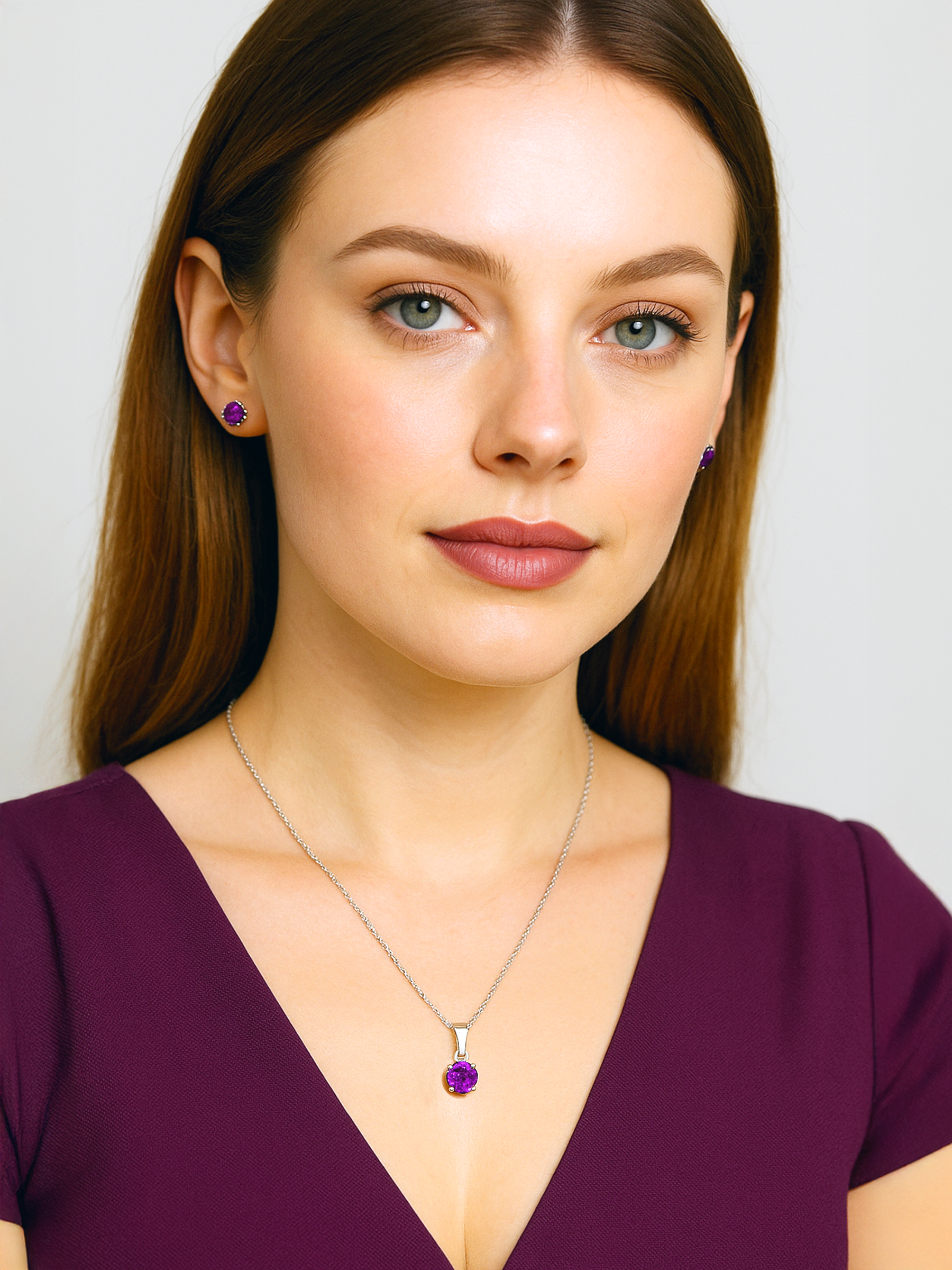 Woman wearing a 1.25ct Lab Grown Amethyst Purple Pendant Necklace