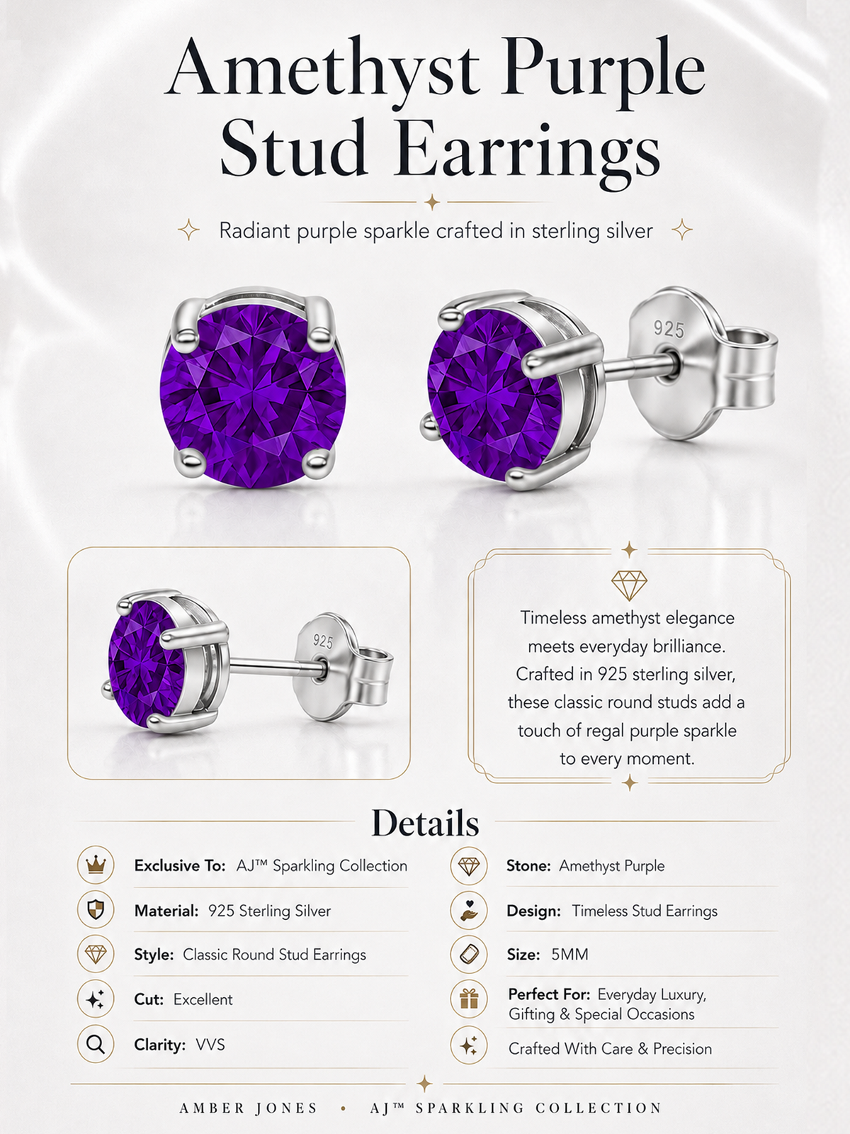 Amethyst Purple Stud Earrings 925 Sterling Silver