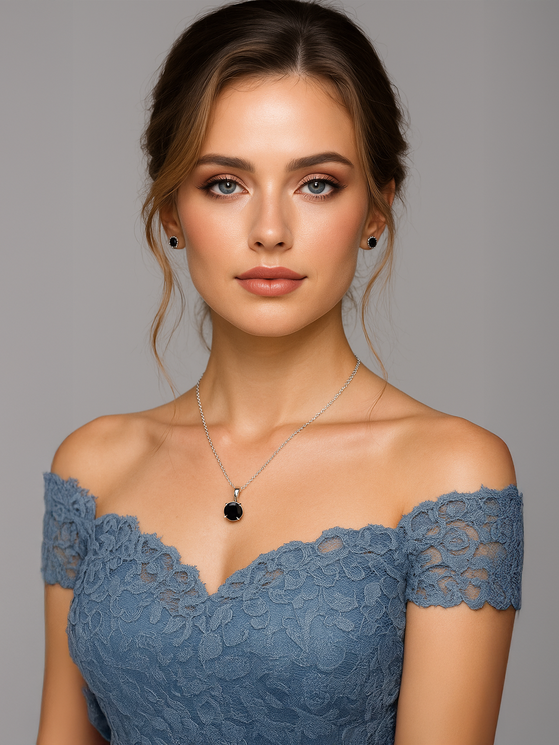 Woman wearing 2ct Lab Grown Black Sapphire Pendant Necklace