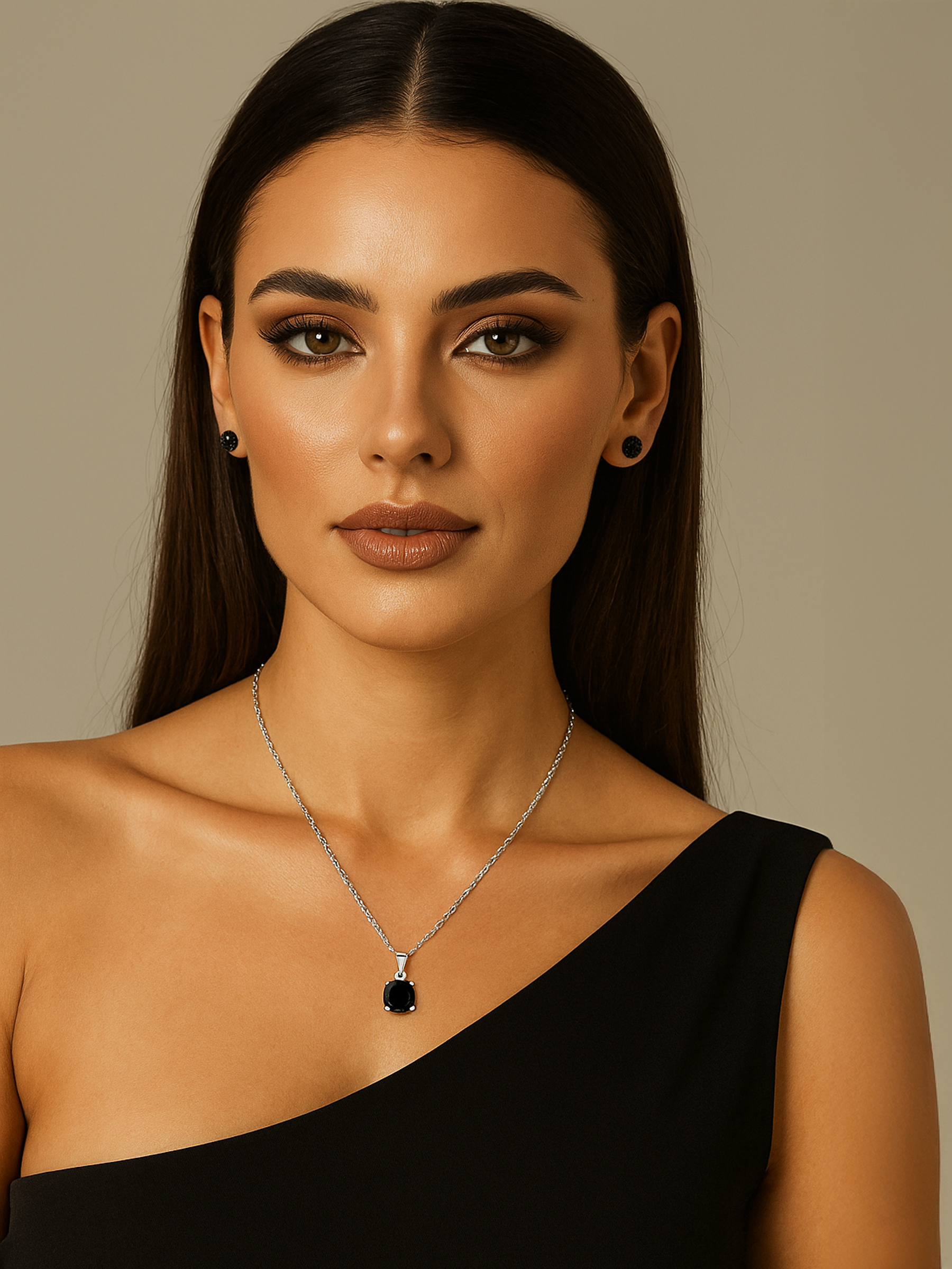 Woman wearing 2ct Lab Grown Black Sapphire Pendant Necklace