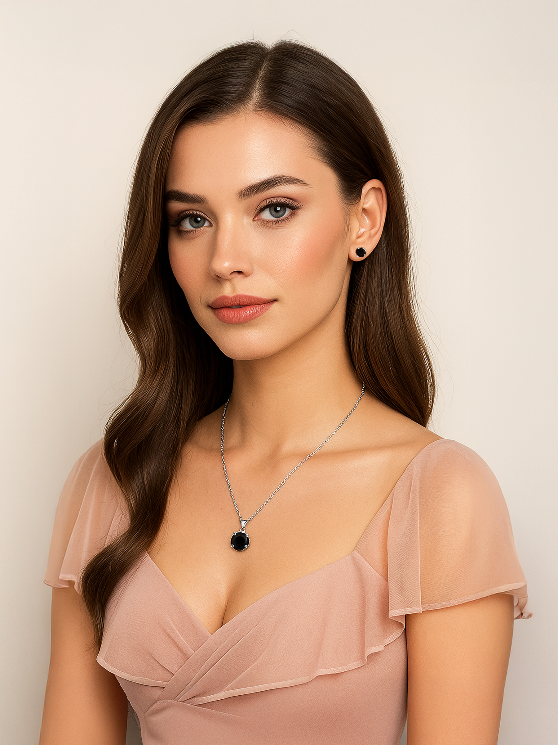 Woman wearing 2ct Lab Grown Black Sapphire Pendant Necklace