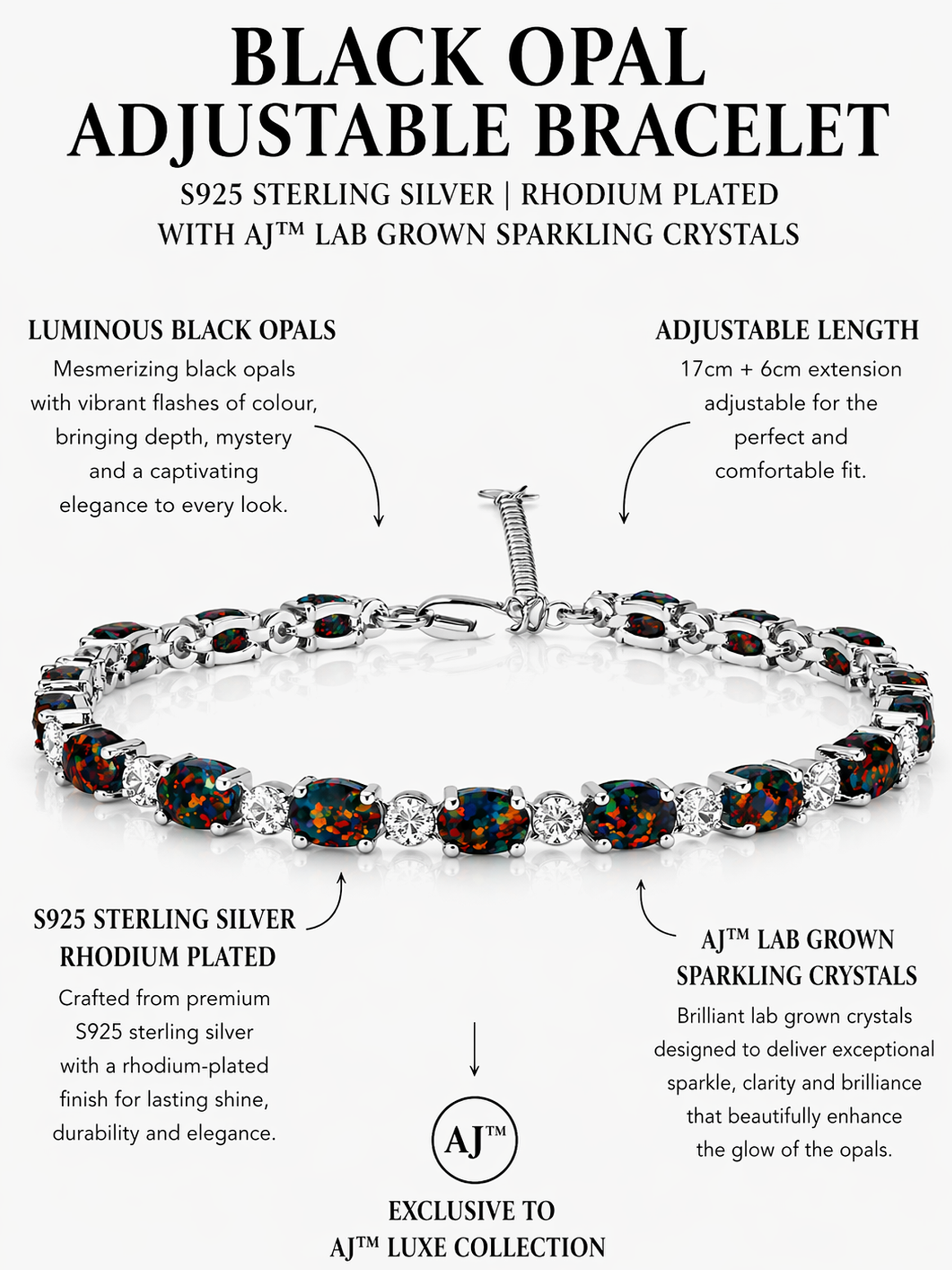 Black Opal Adjustable Bracelet Sterling Silver
