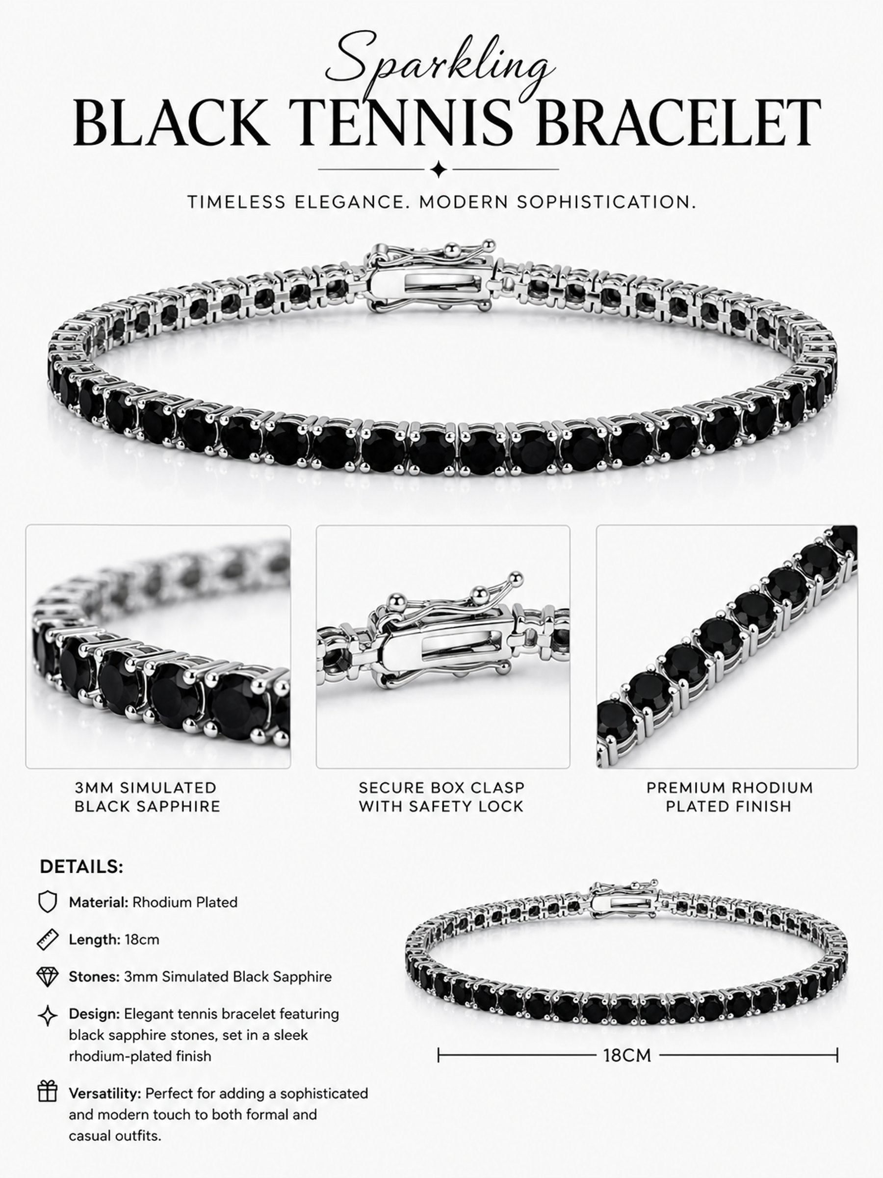 Sparkling Black Tennis Bracelet Rhodium Plated