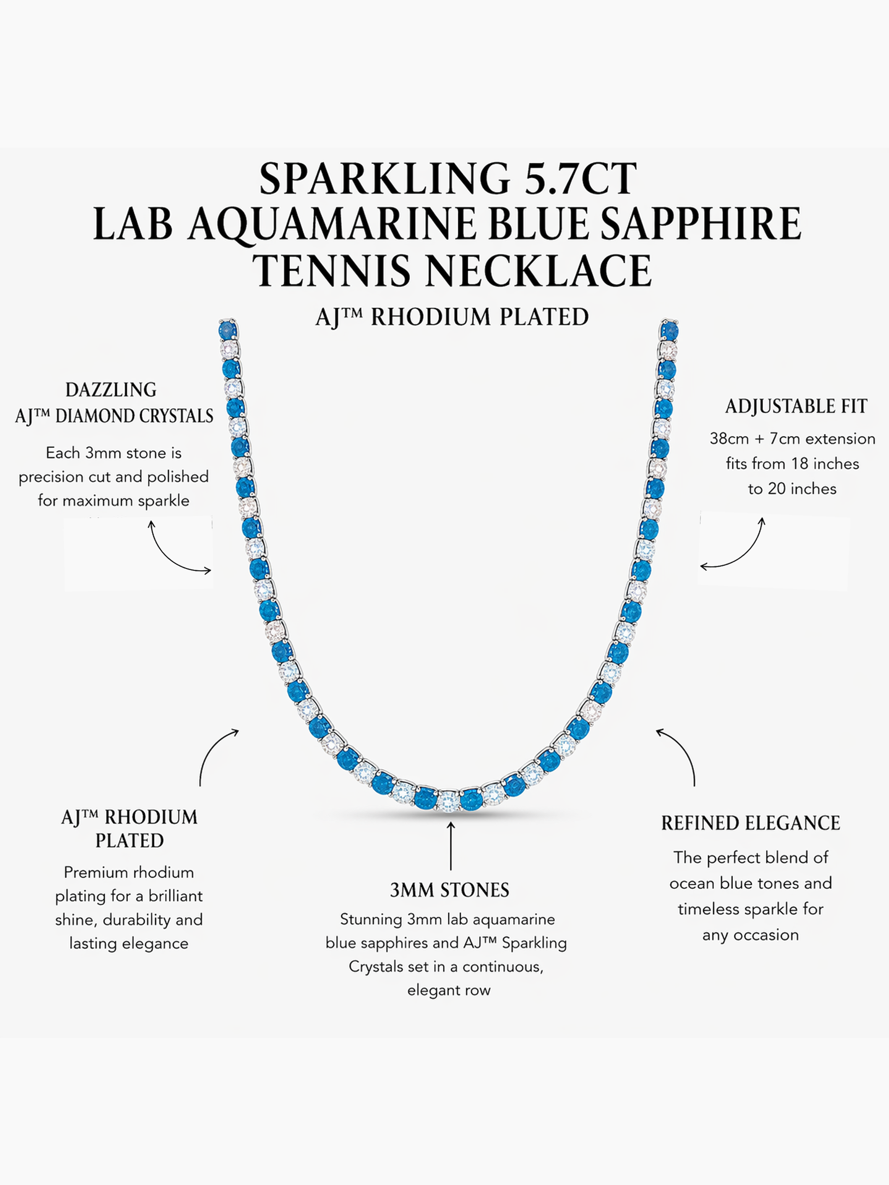 Sparkling 5.7ct Lab Aquamarine Blue Sapphire Tennis Necklace