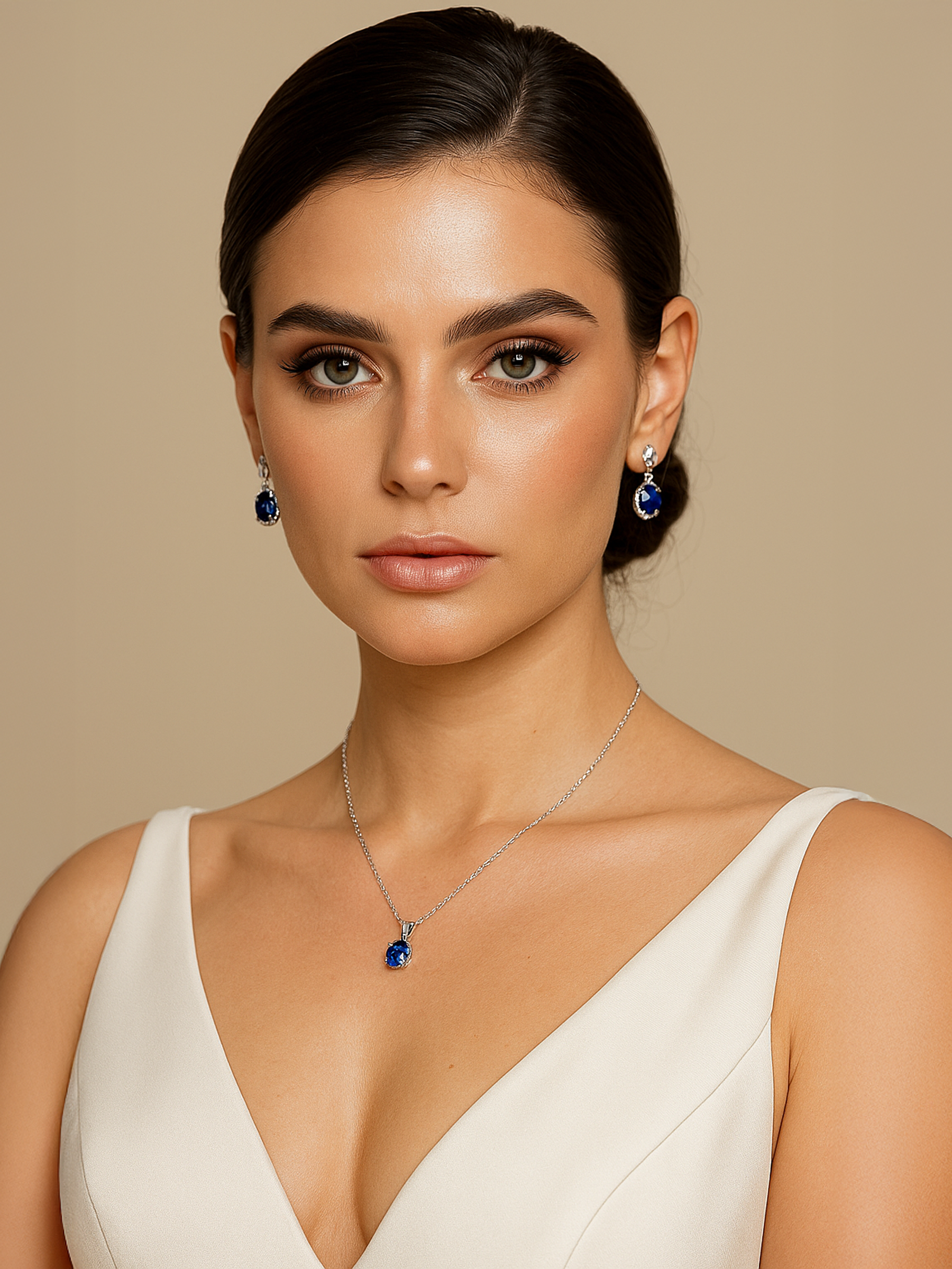 Woman wearing a 1ct Blue Sapphire Pendant Necklace
