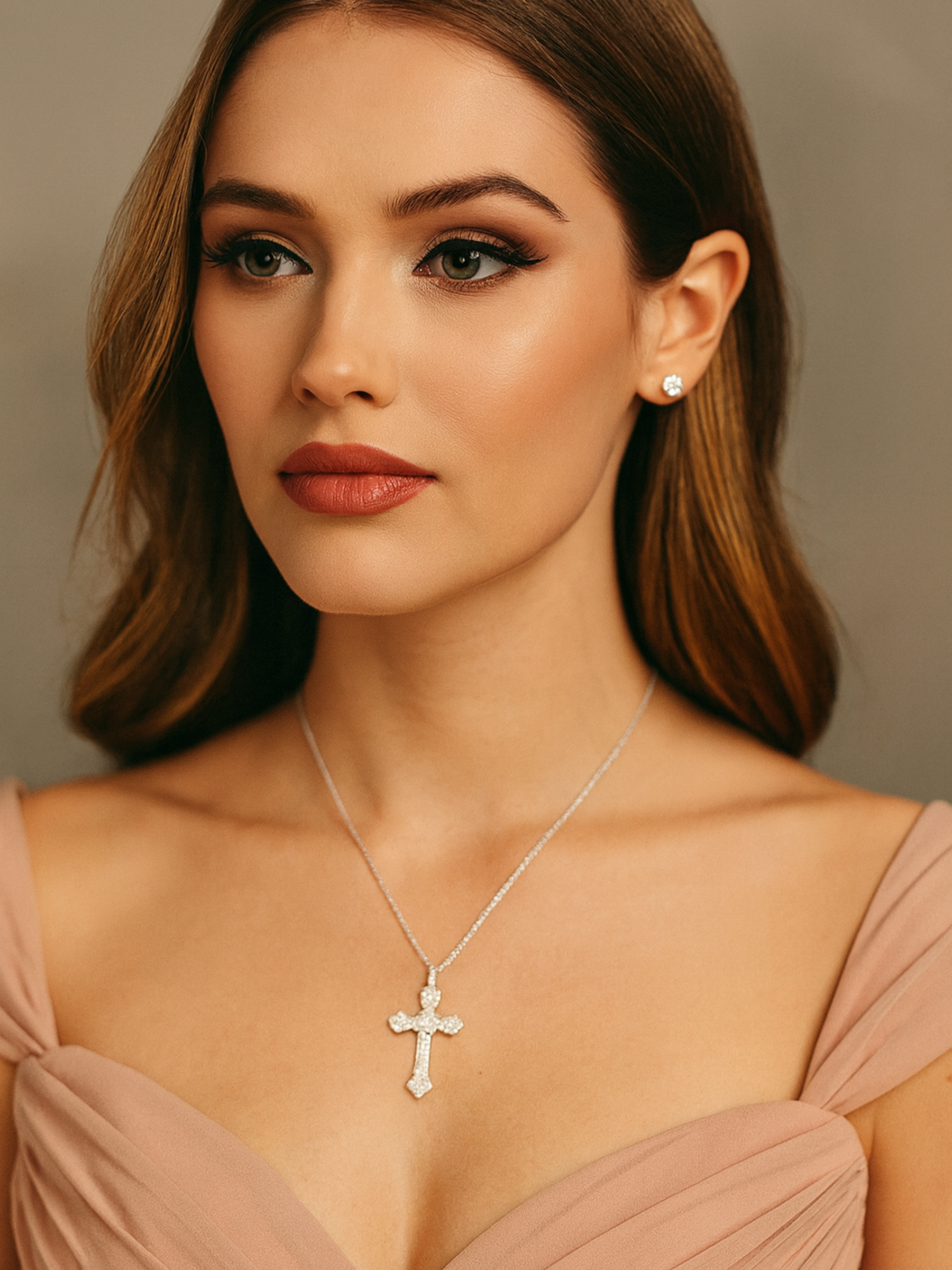 Round White Sapphire Cross 925 Sterling Silver Necklace