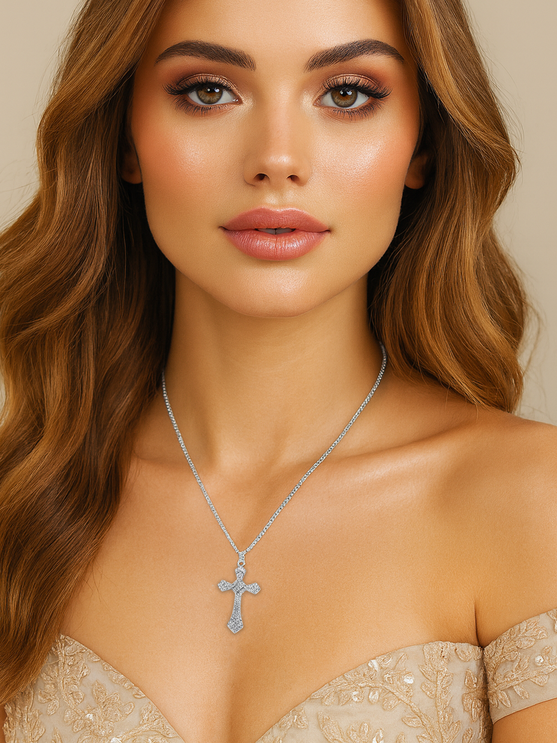 Round White Sapphire Cross 925 Sterling Silver Necklace