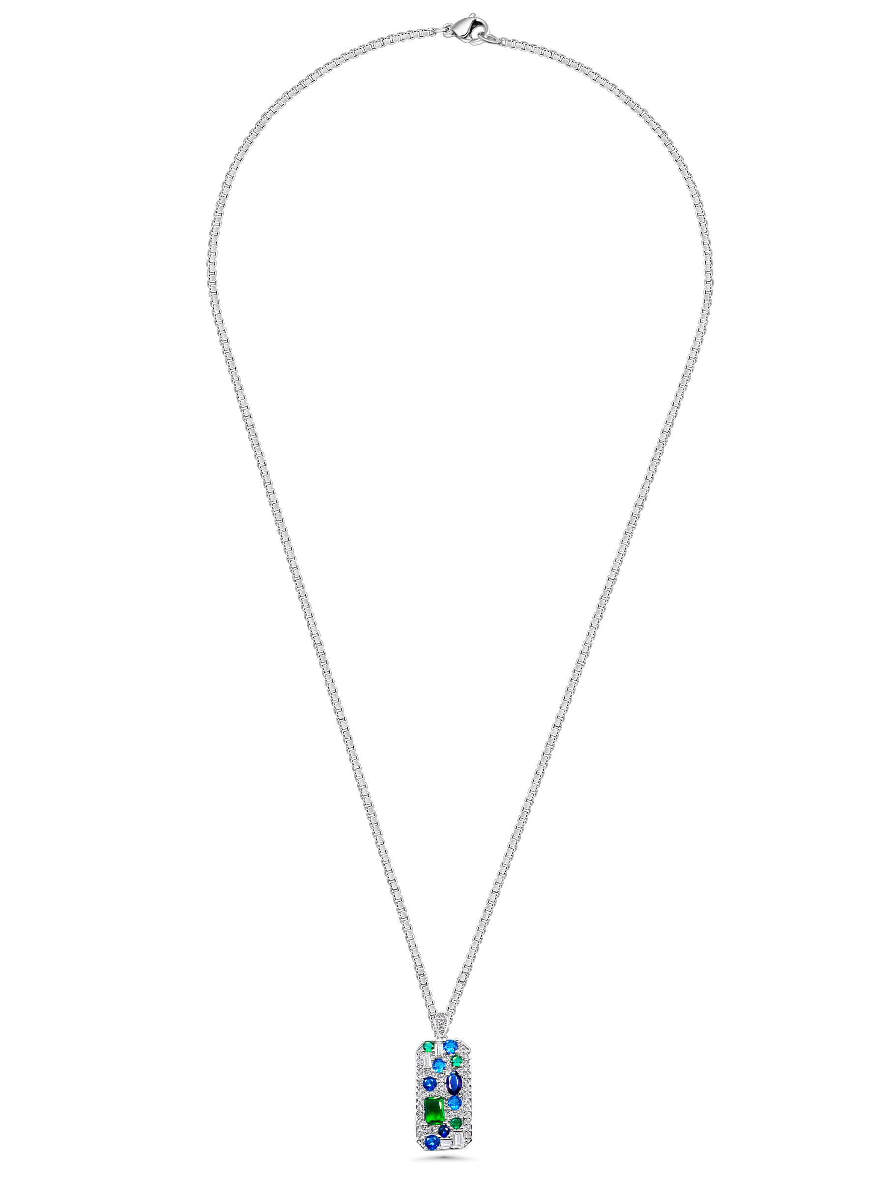 Emerald and Sapphire Pendant 18K White Gold Plated Necklace for Women