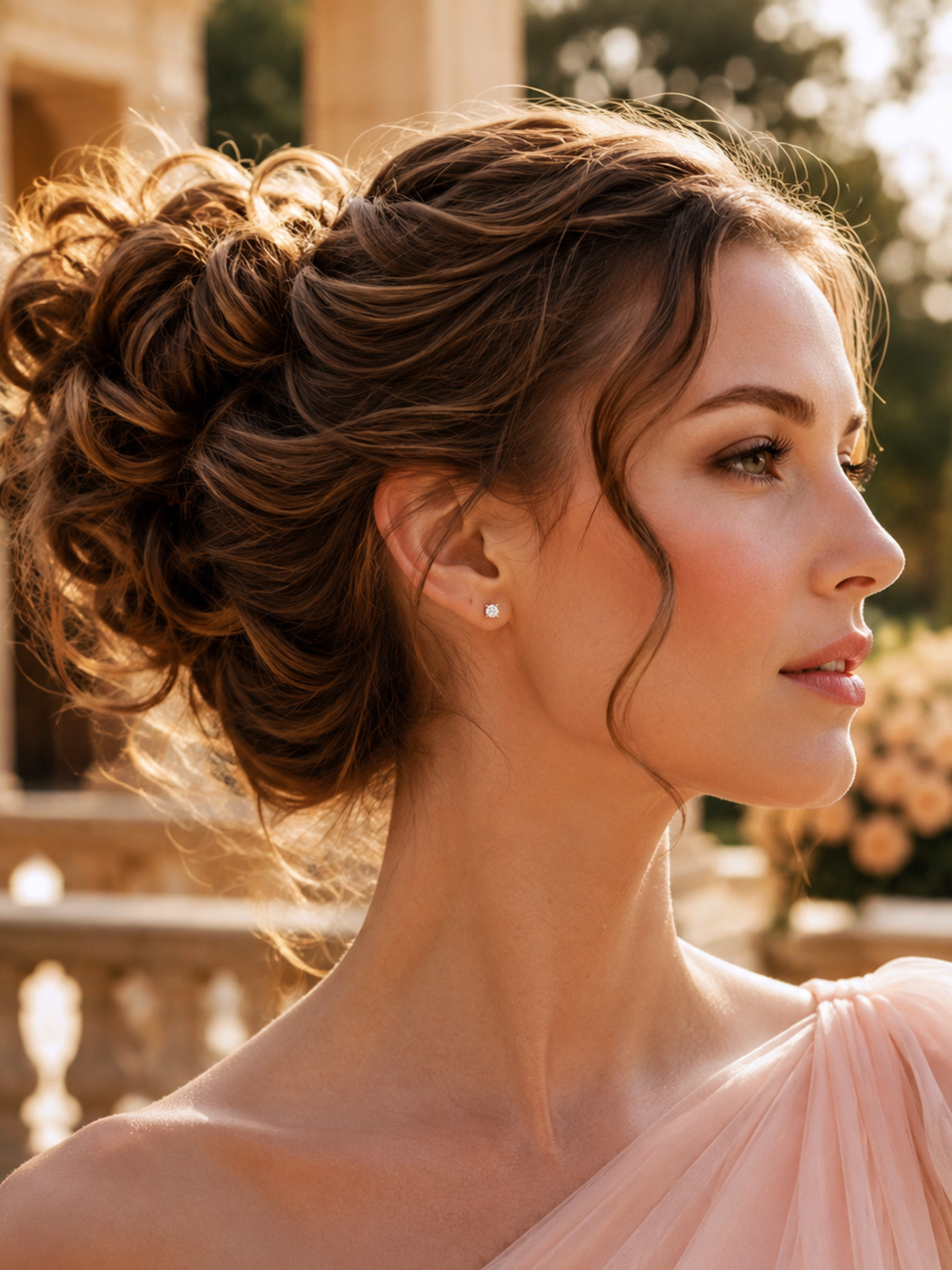 A woman in profile wearing a delicate 4 Prong Gold Stud Earrings