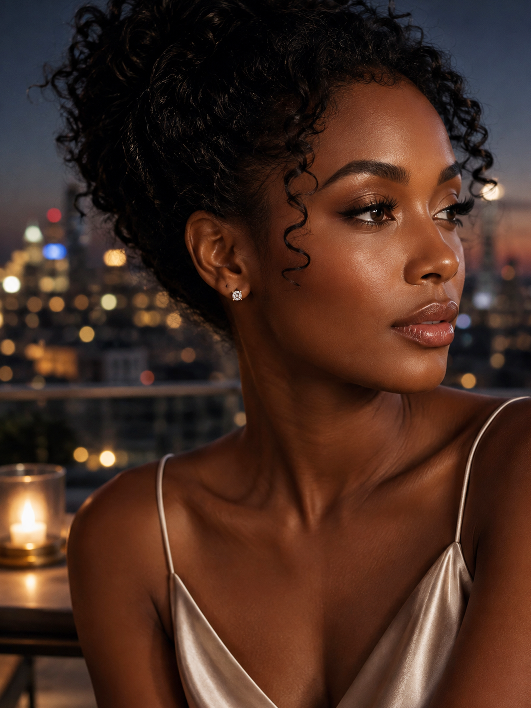 A woman with curly dark hair wearing a 4 Prong Gold Stud Earrings