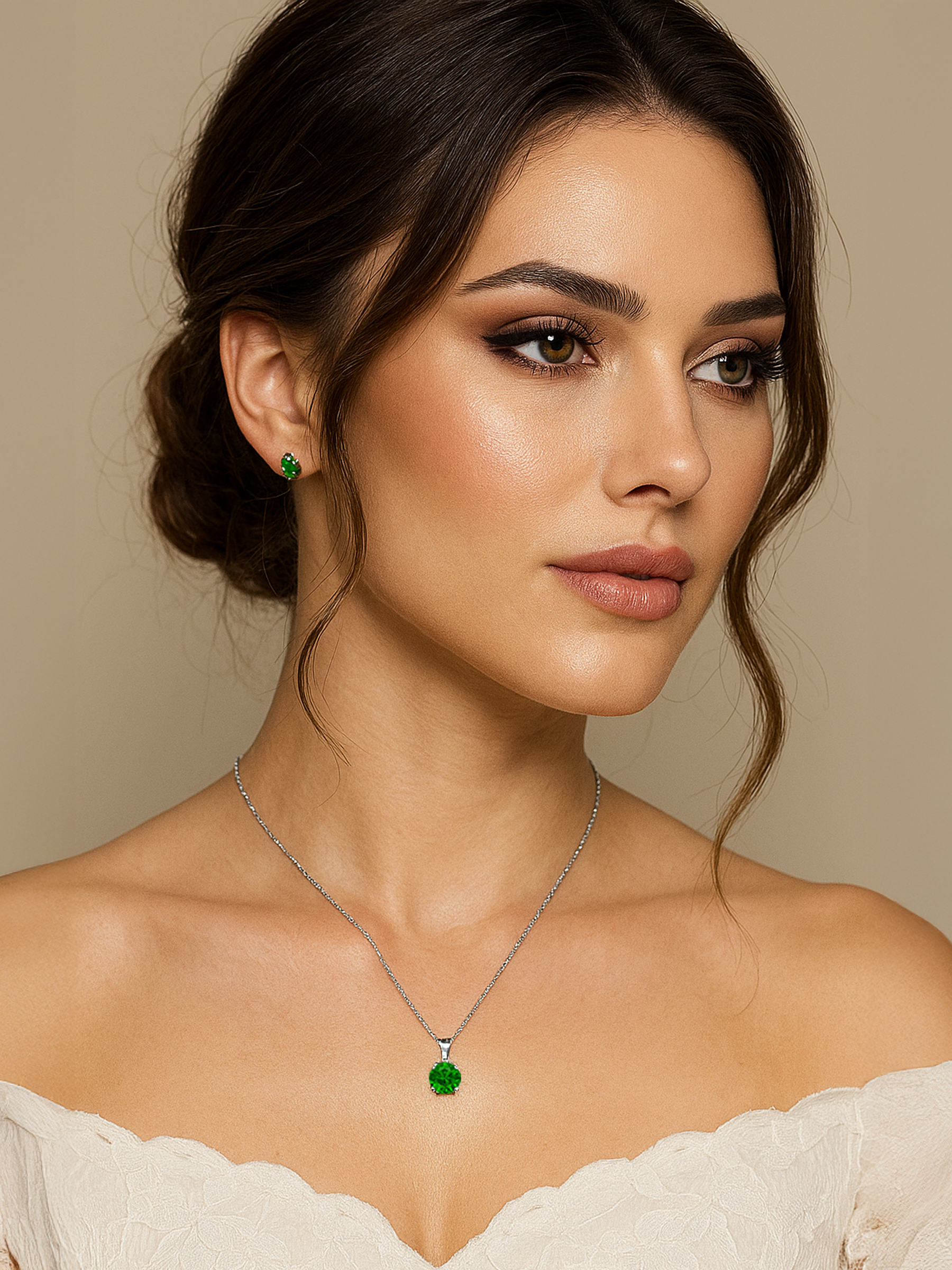 Woman wearing 1ct Green Emerald Pendant Necklace 925 Sterling Silver