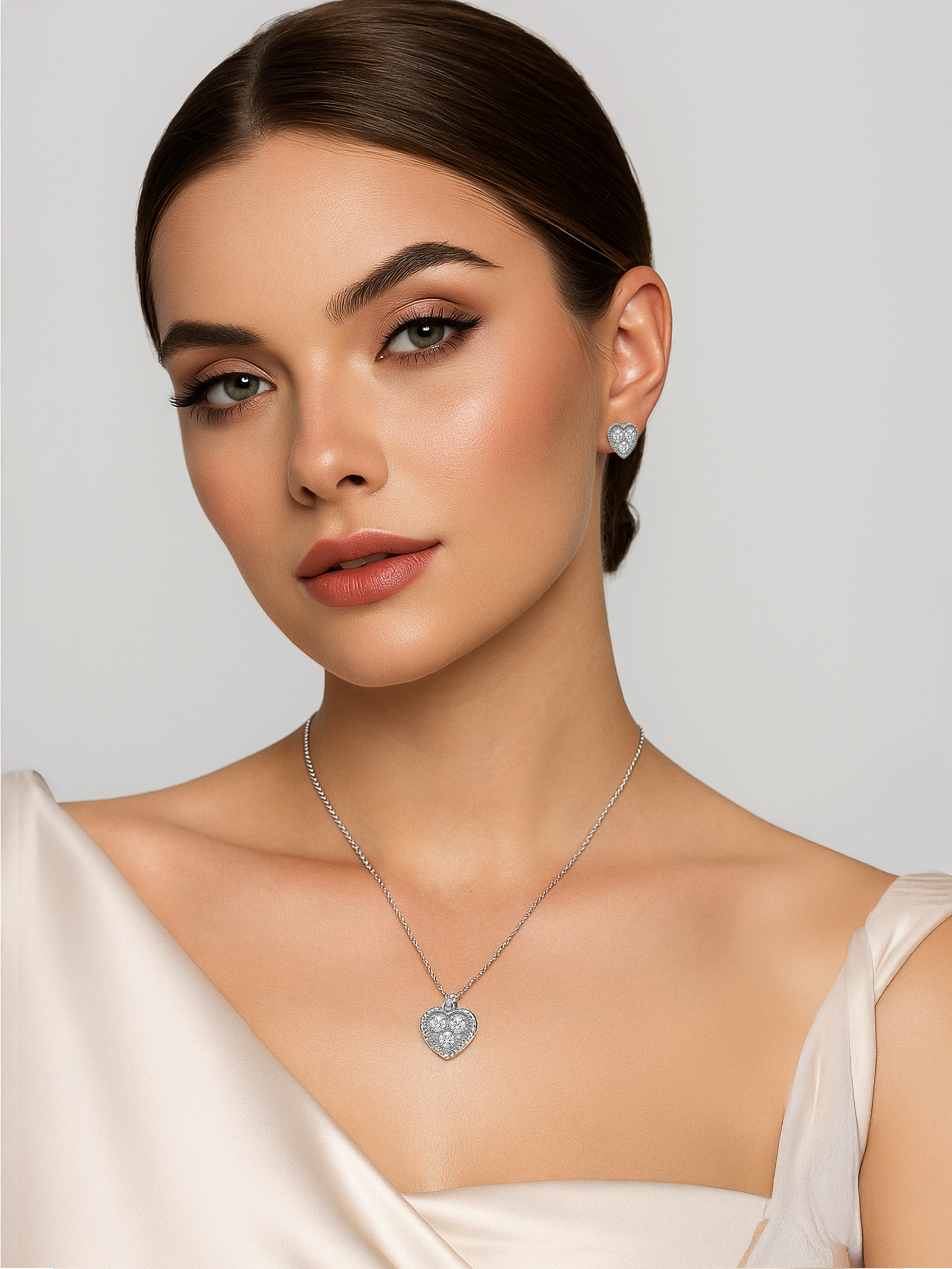 model wearing Silver Heart Necklace & Earring Set