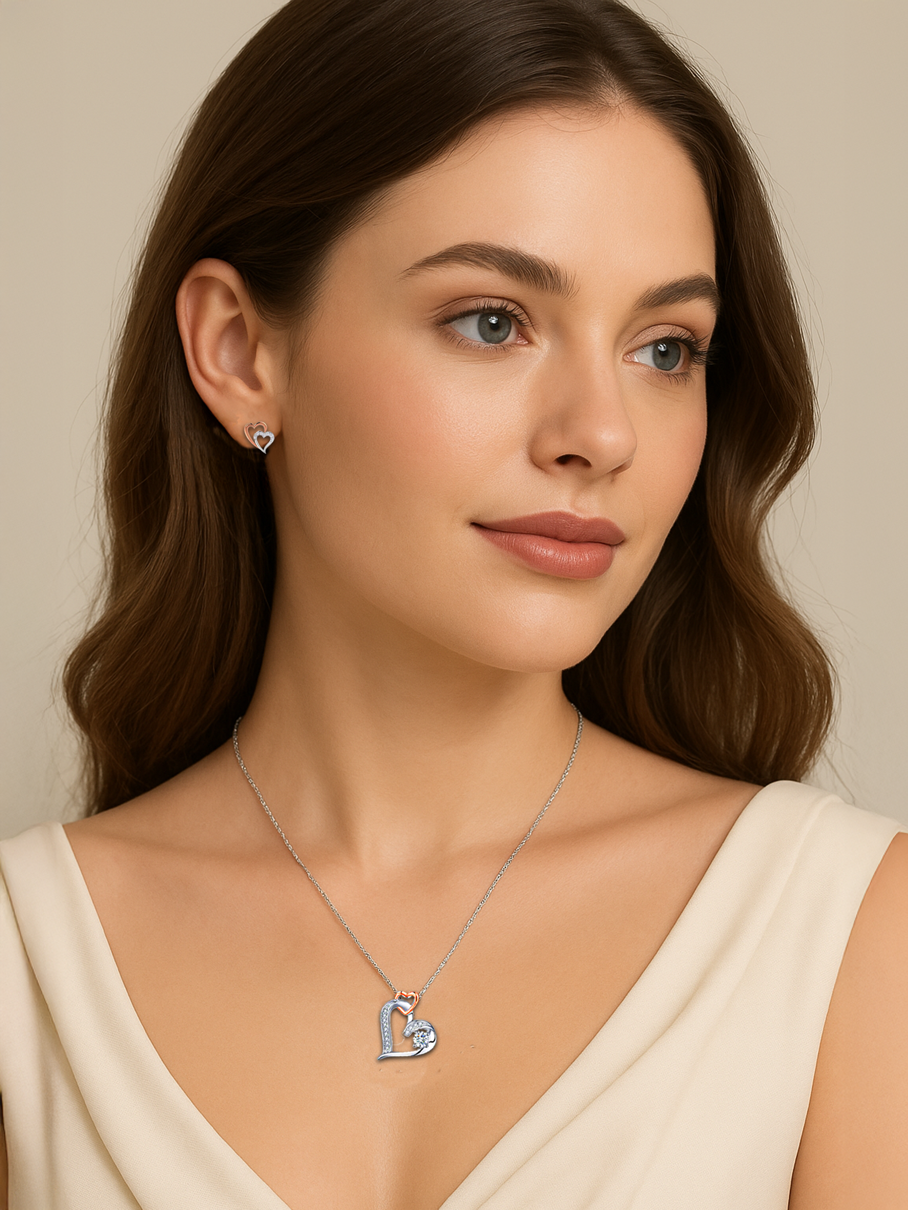 Woman wearing 18K White Gold Plated Infinity Love Heart Stud Earrings