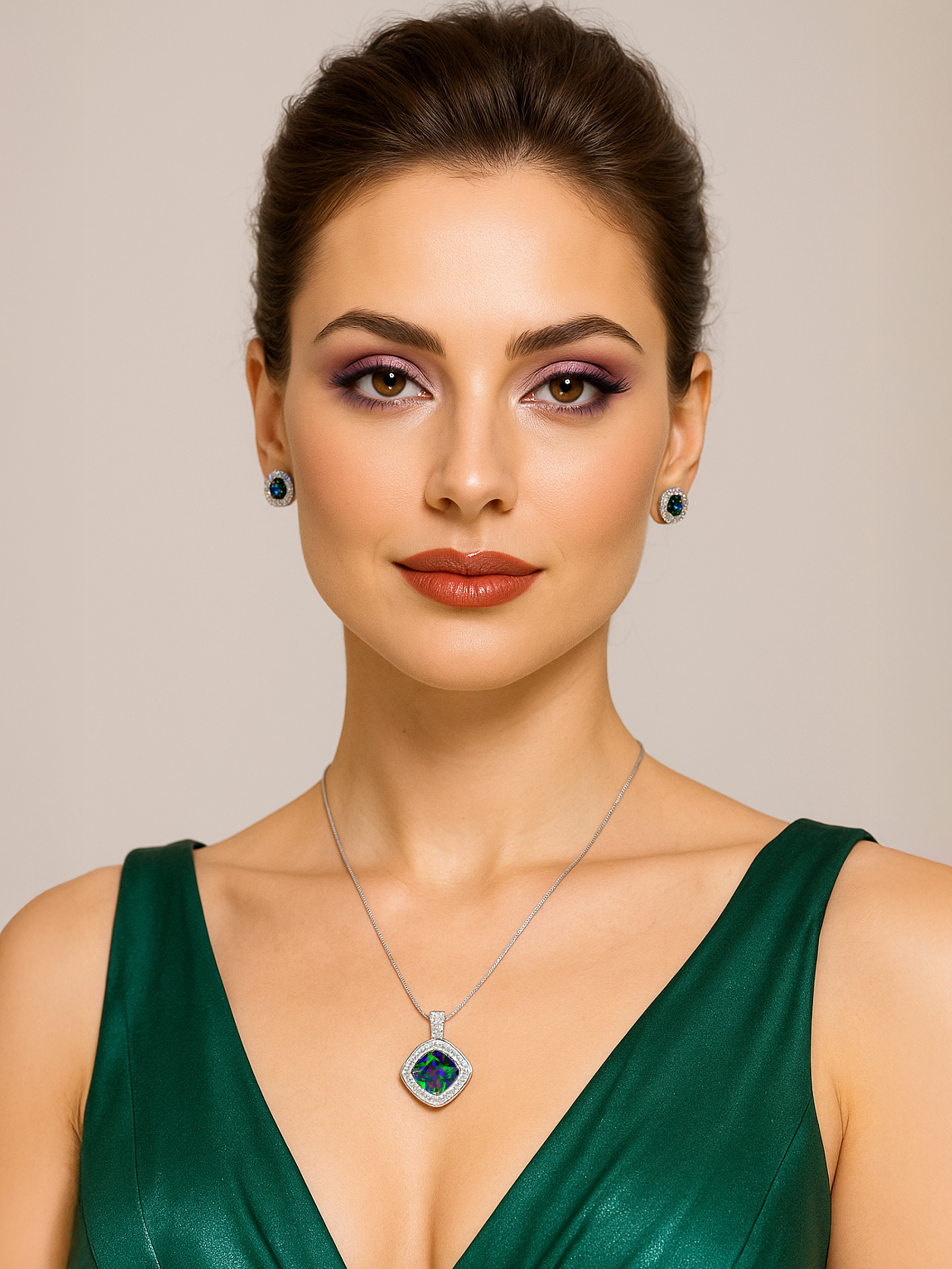 Model Wearing Mystic Topaz Necklace