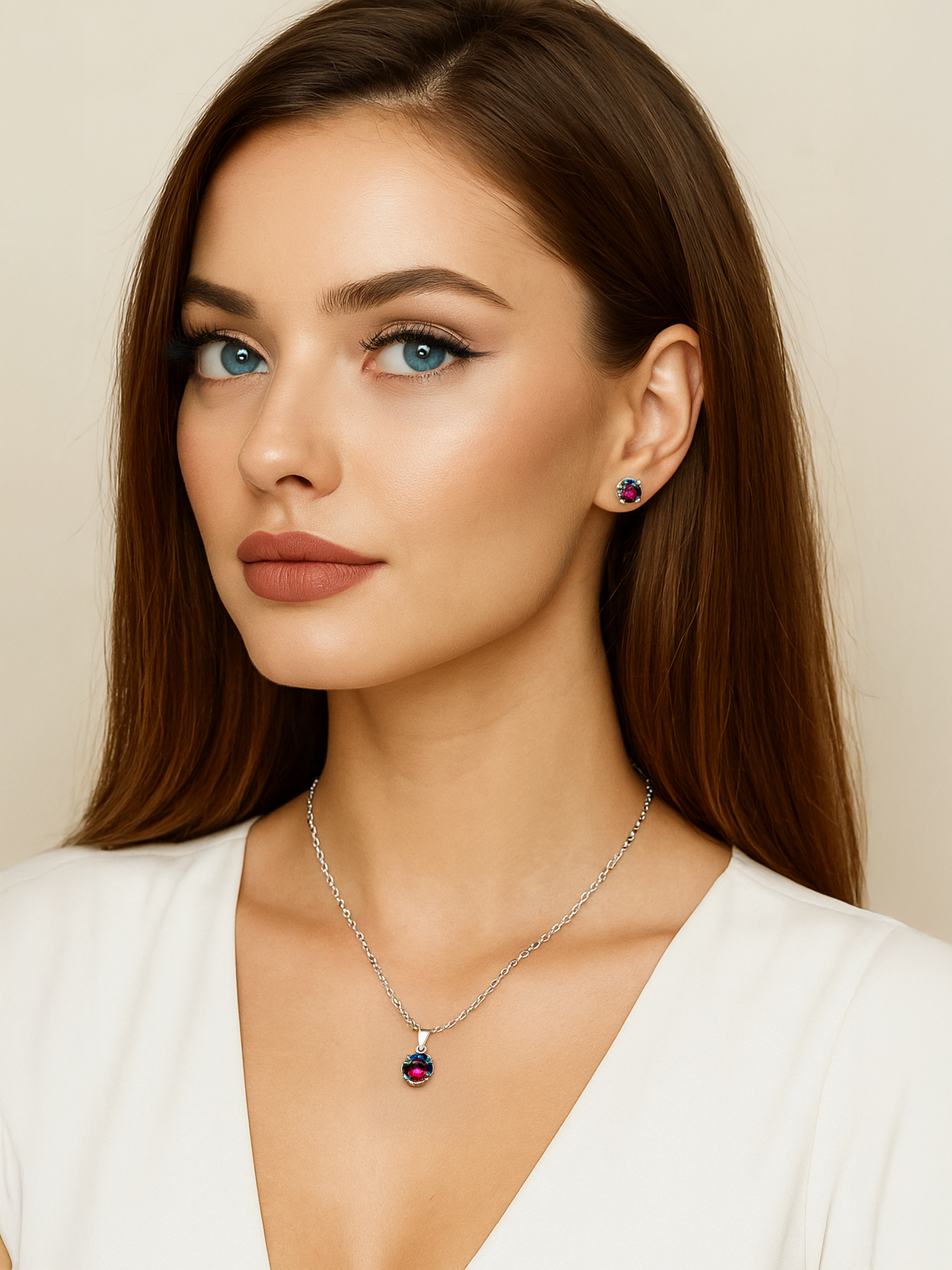 Woman wearing 1ct Mystic Topaz Pendant Necklace