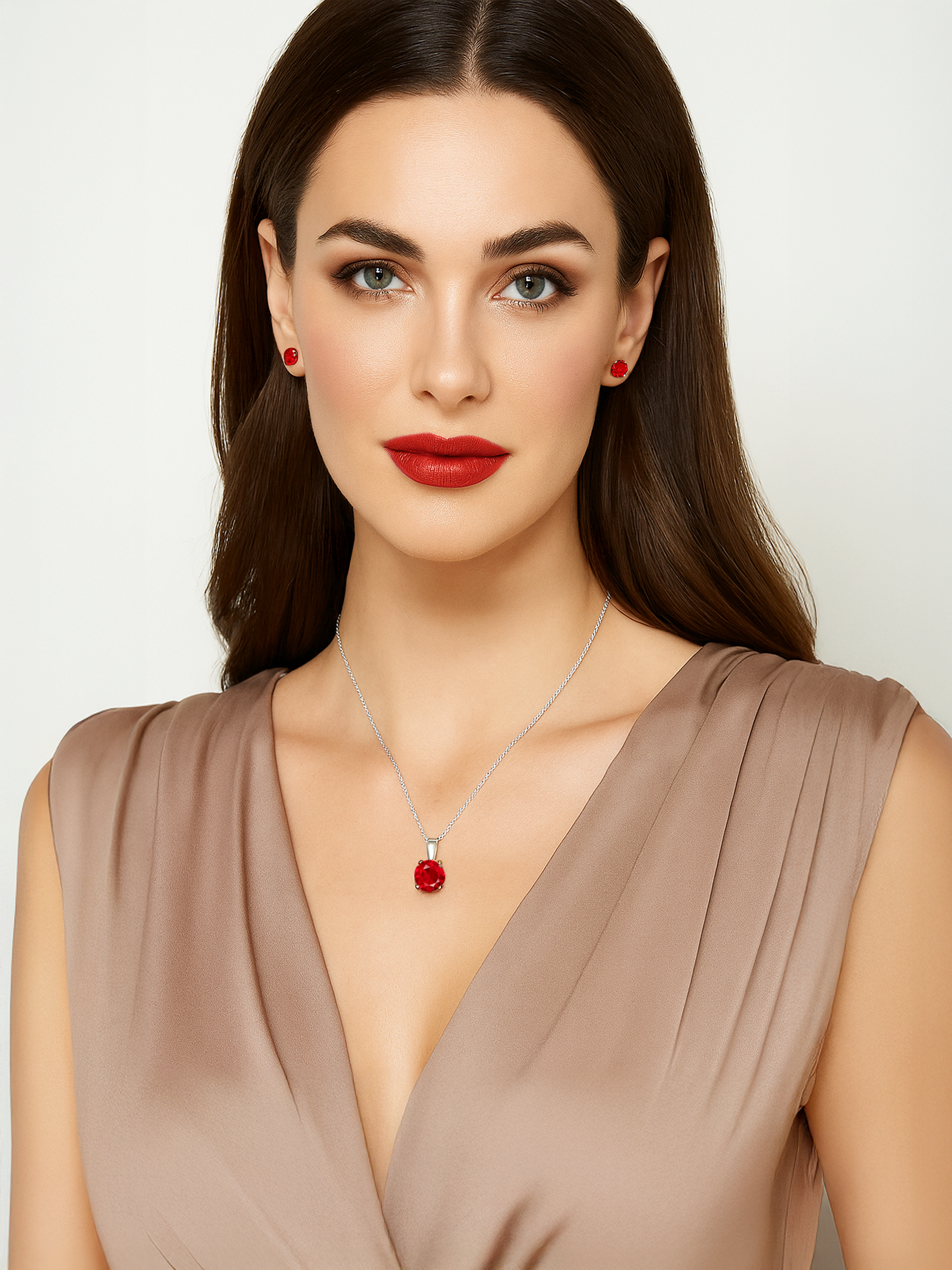 Woman wearing 2ct Lab Grown Ruby Pendant Necklace