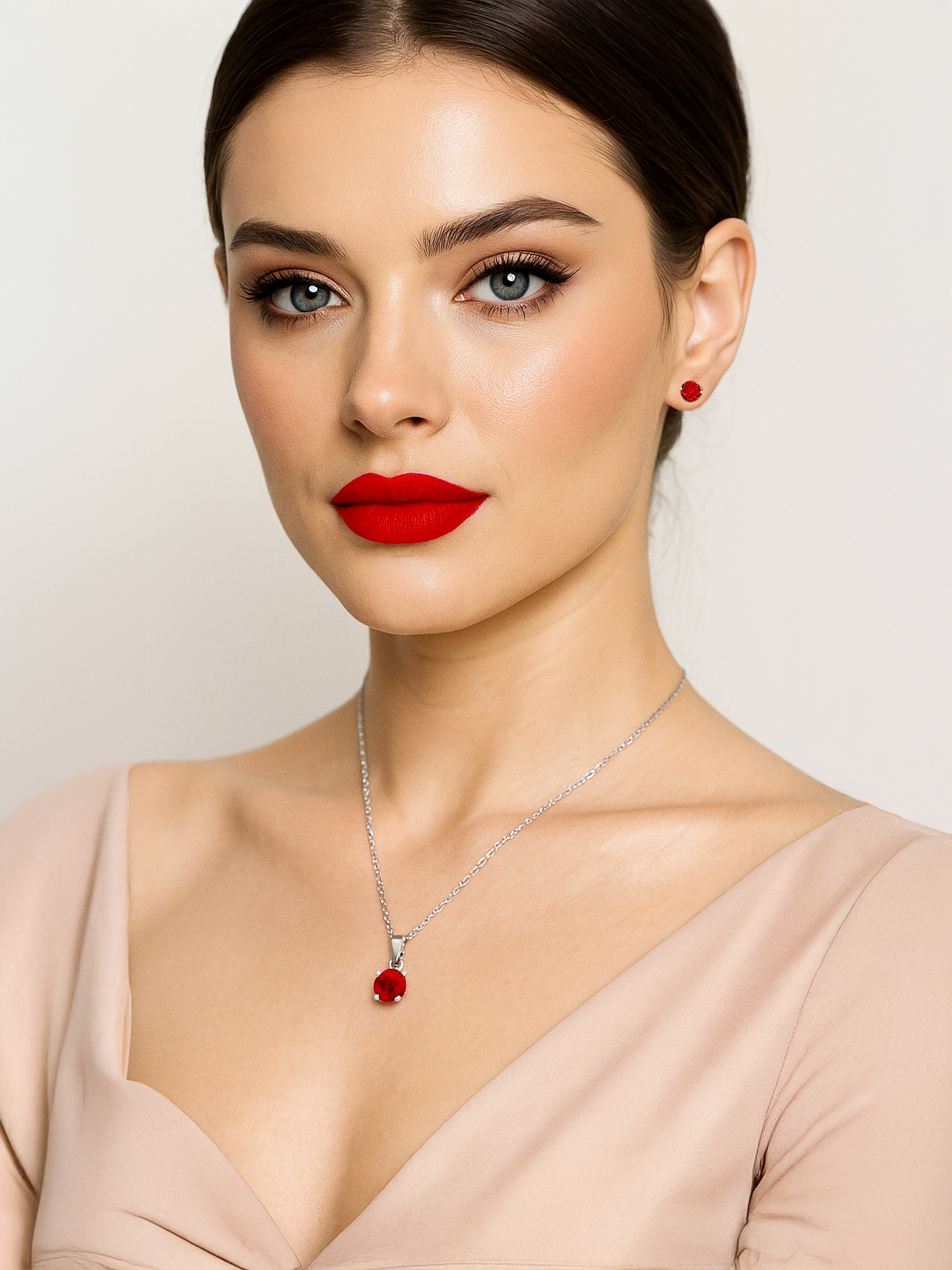 Woman wearing 2ct Lab Grown Ruby Pendant Necklace