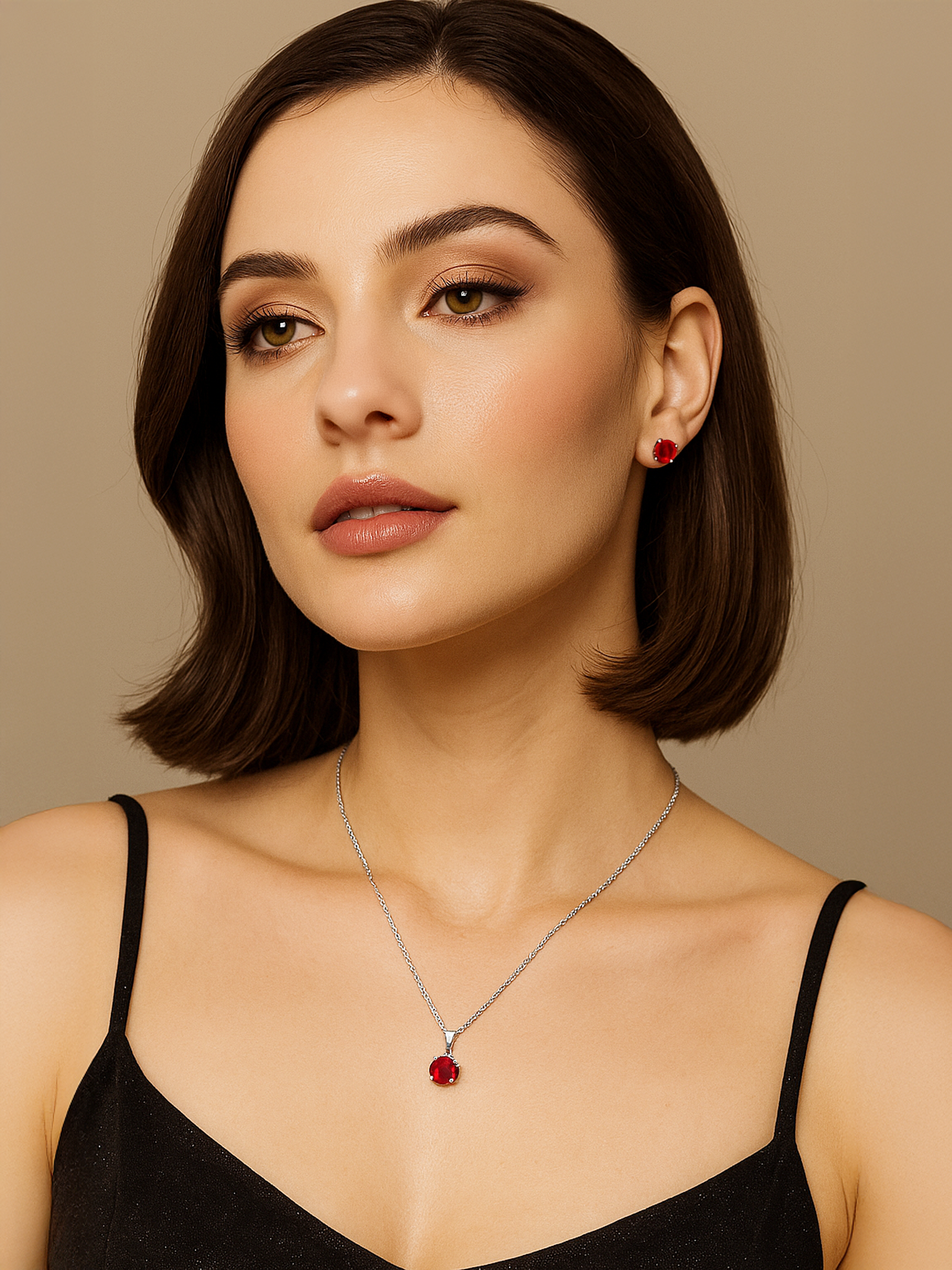 Woman wearing 2ct Lab Grown Ruby Pendant Necklace