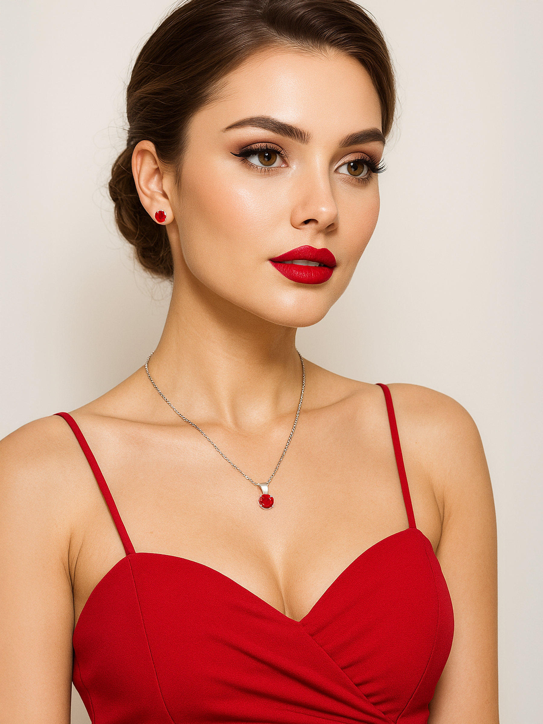 Woman wearing 2ct Lab Grown Ruby Pendant Necklace