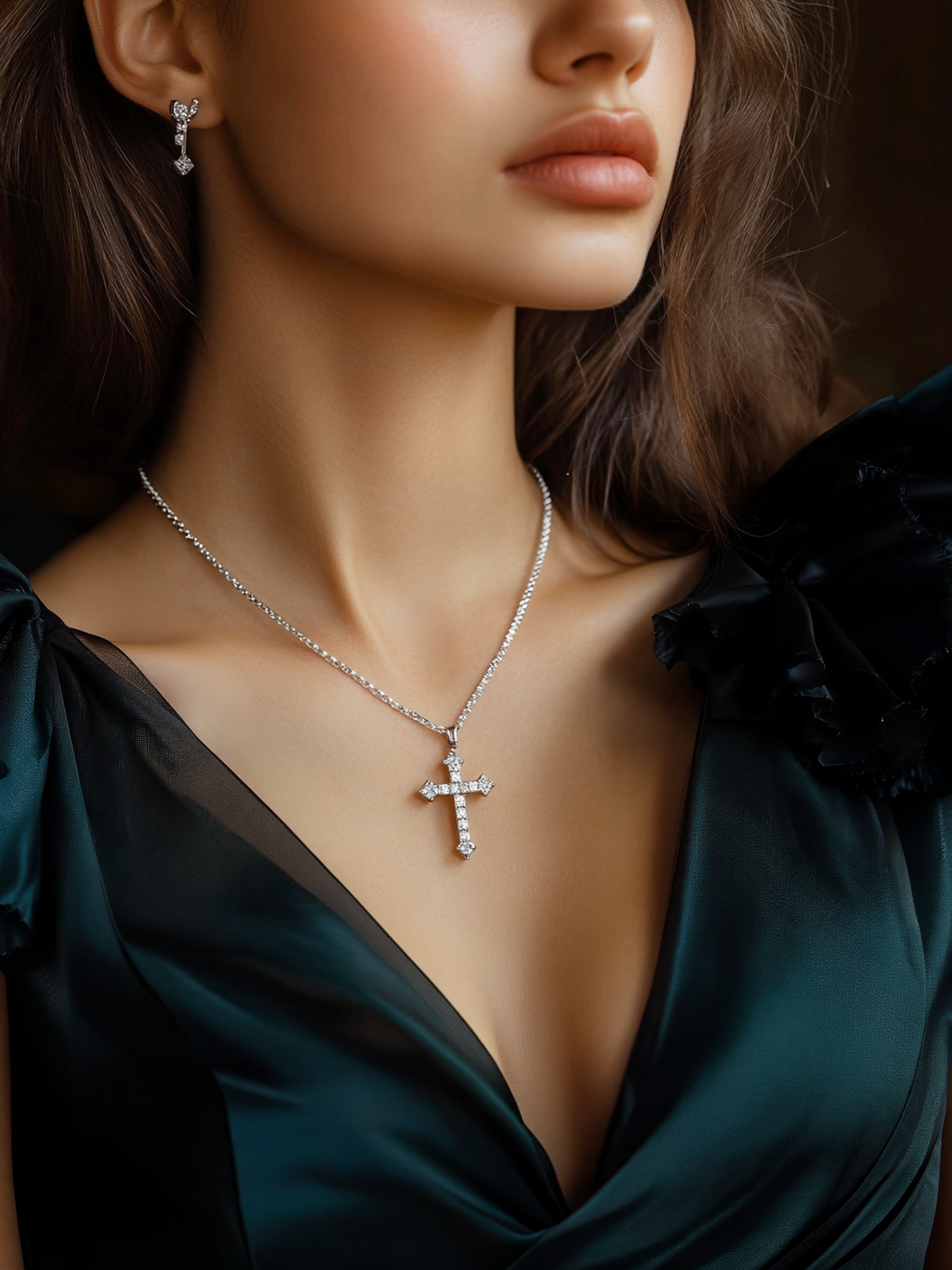 Close-up of a woman wearing a Classic Cross Necklace 925 Sterling Silver