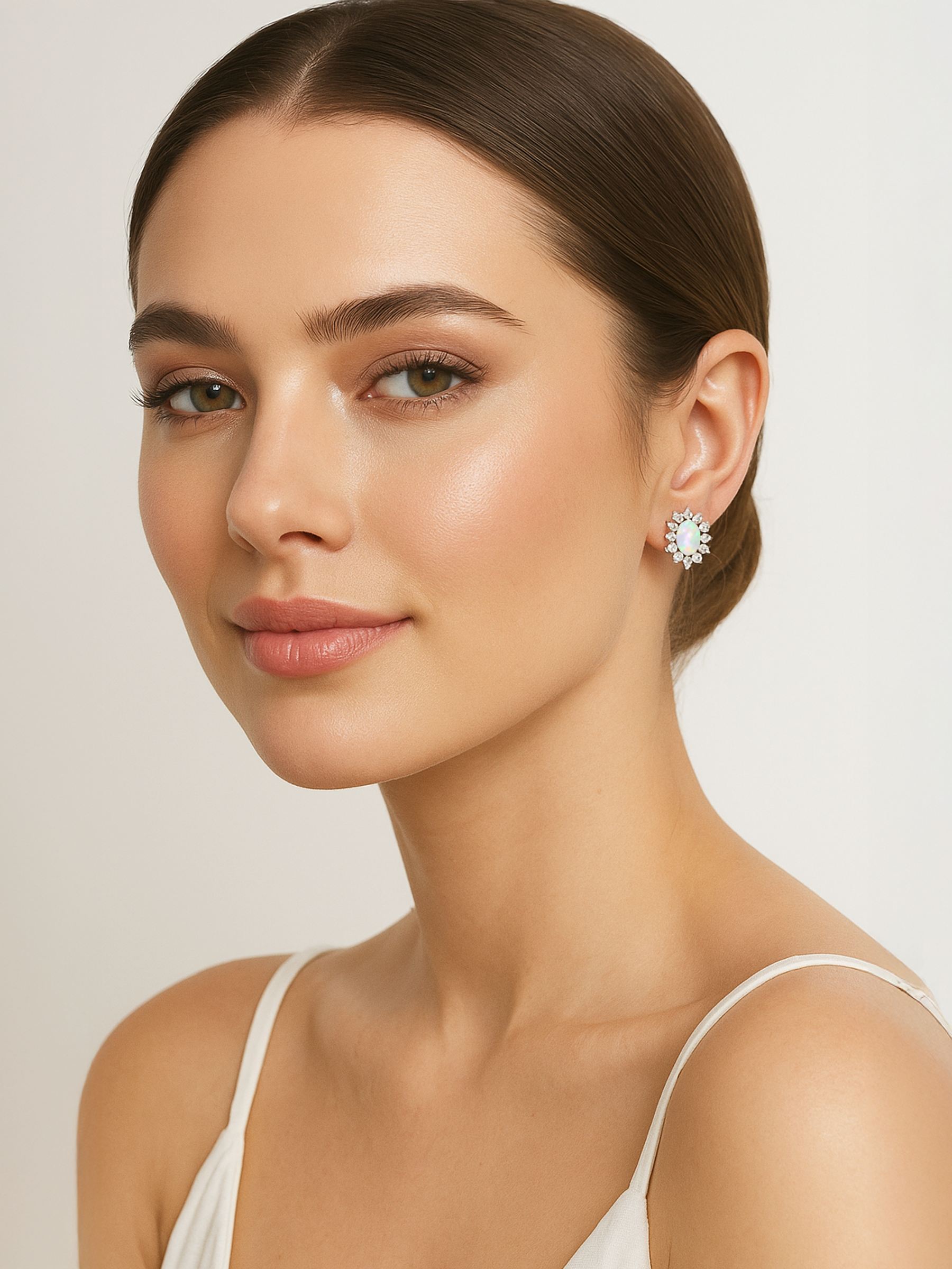 Women Model Wearing White Opal Stud Earrings