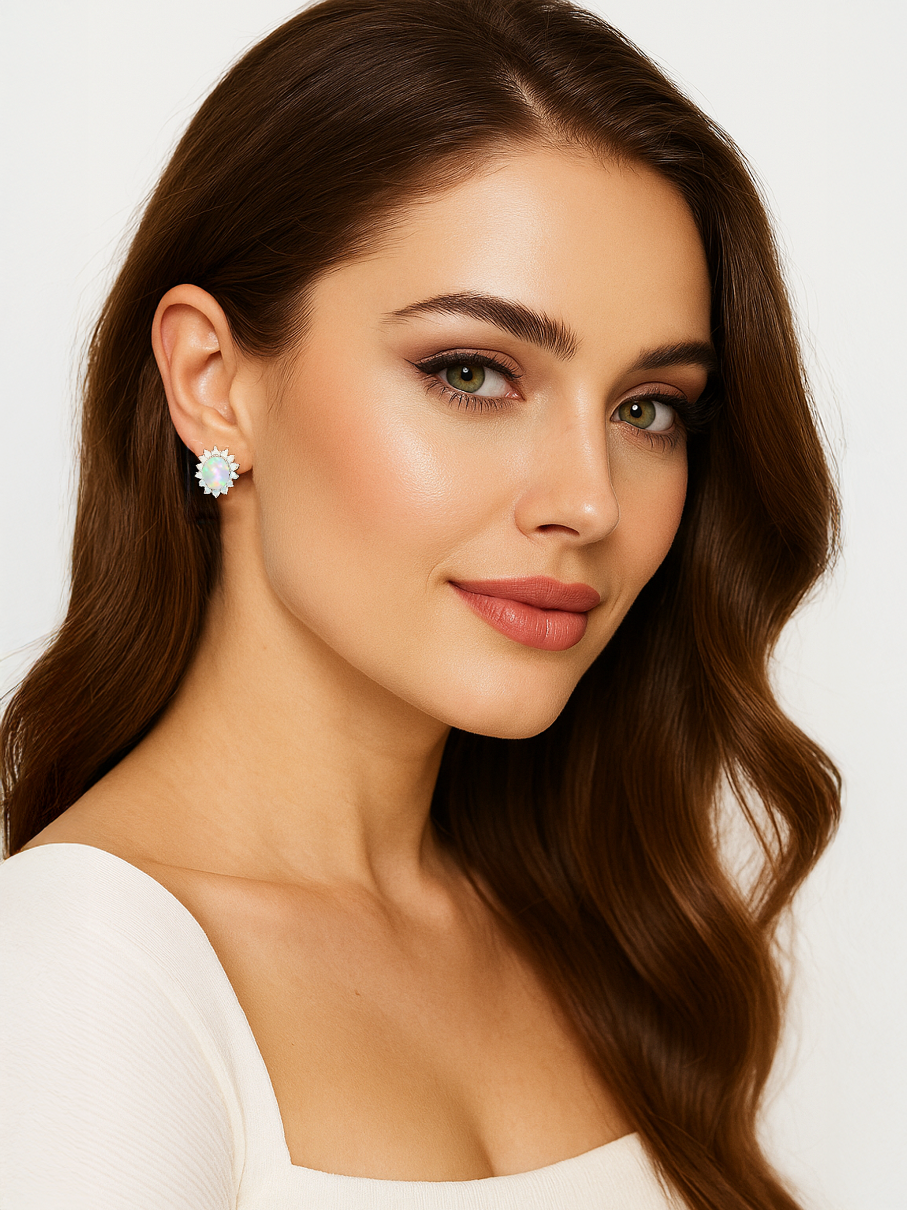 Women Model Wearing White Opal Stud Earrings