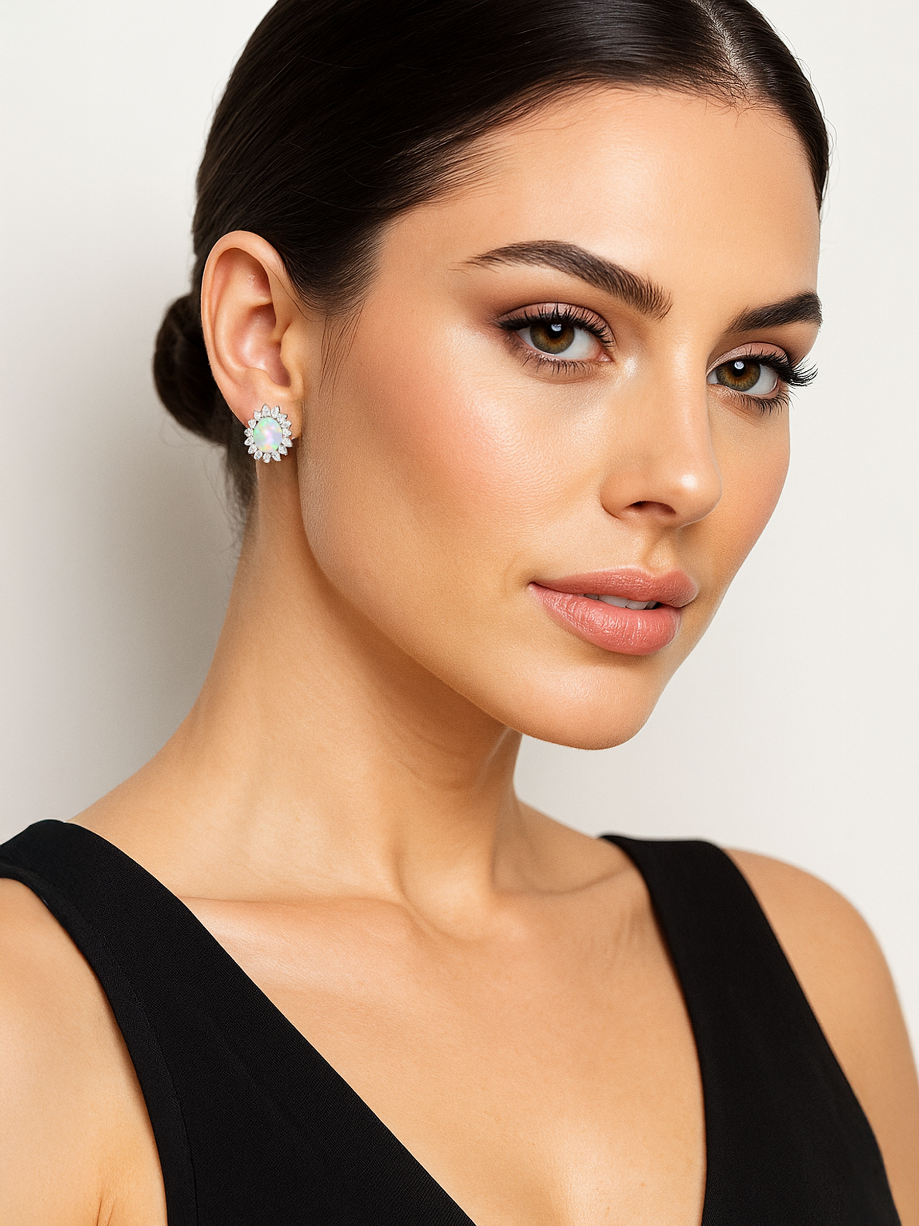 Women Model Wearing White Opal Stud Earrings