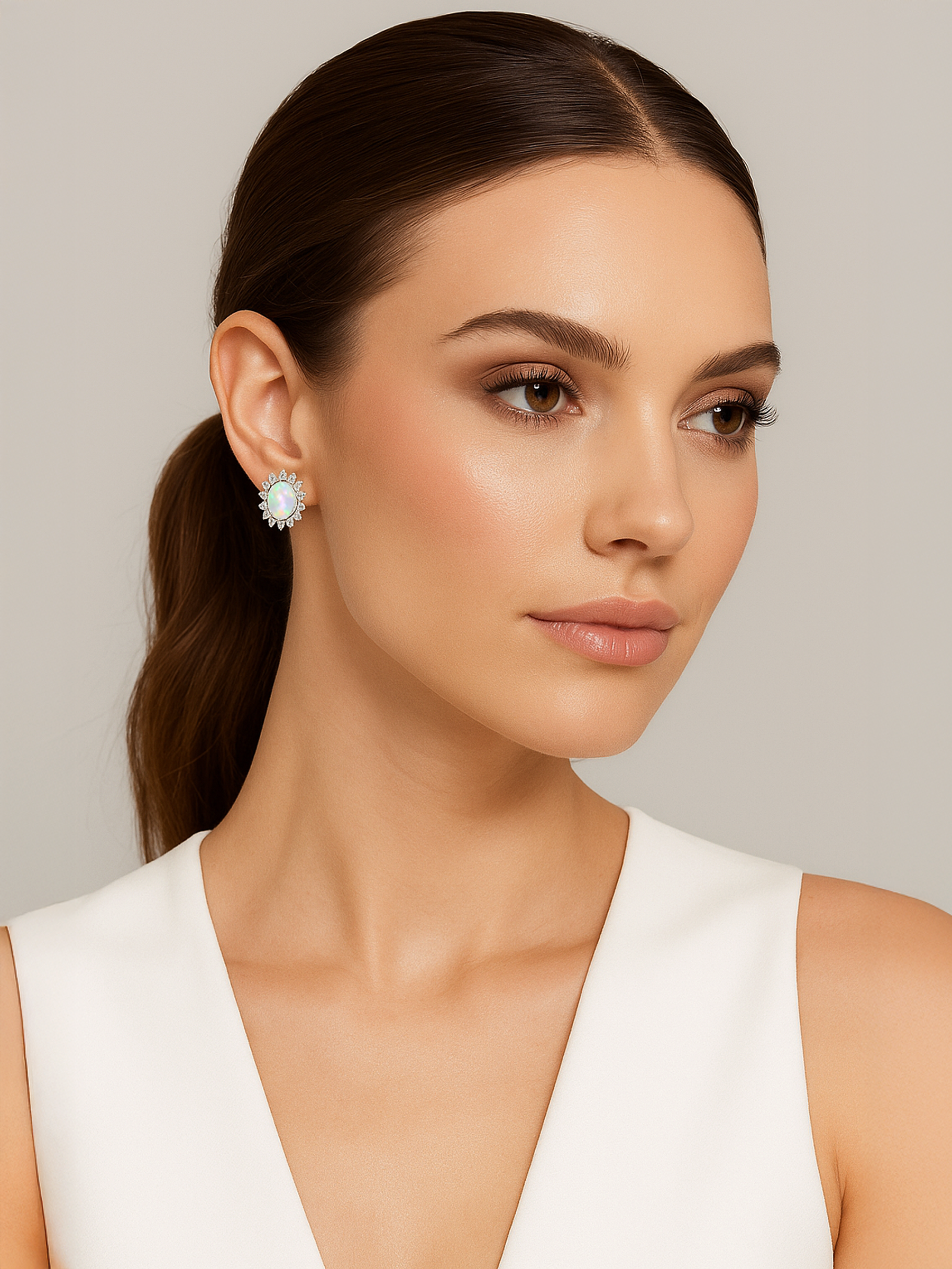 Women Model Wearing White Opal Stud Earrings