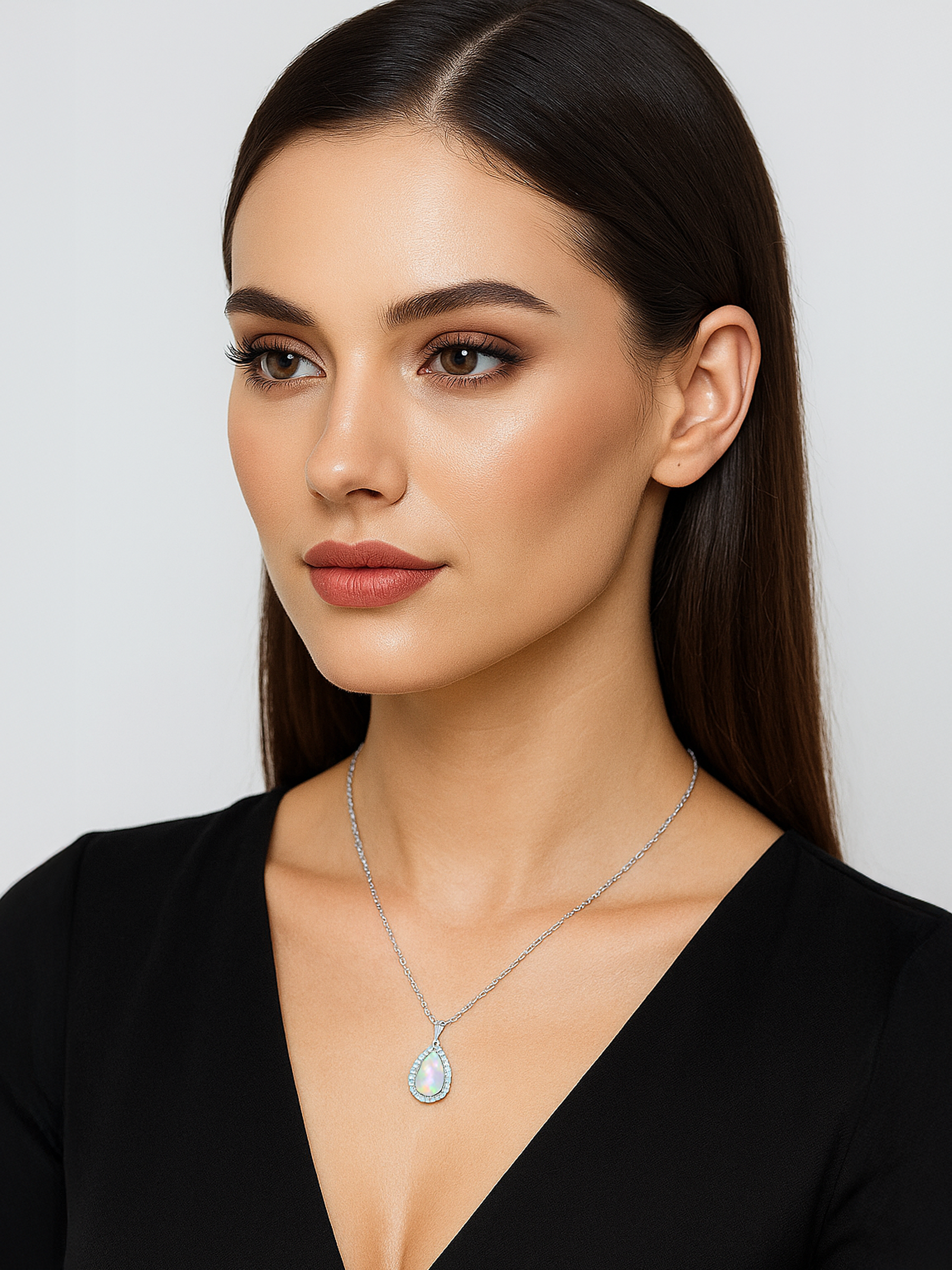 Women Model Wearing White Opal Pendant Necklace