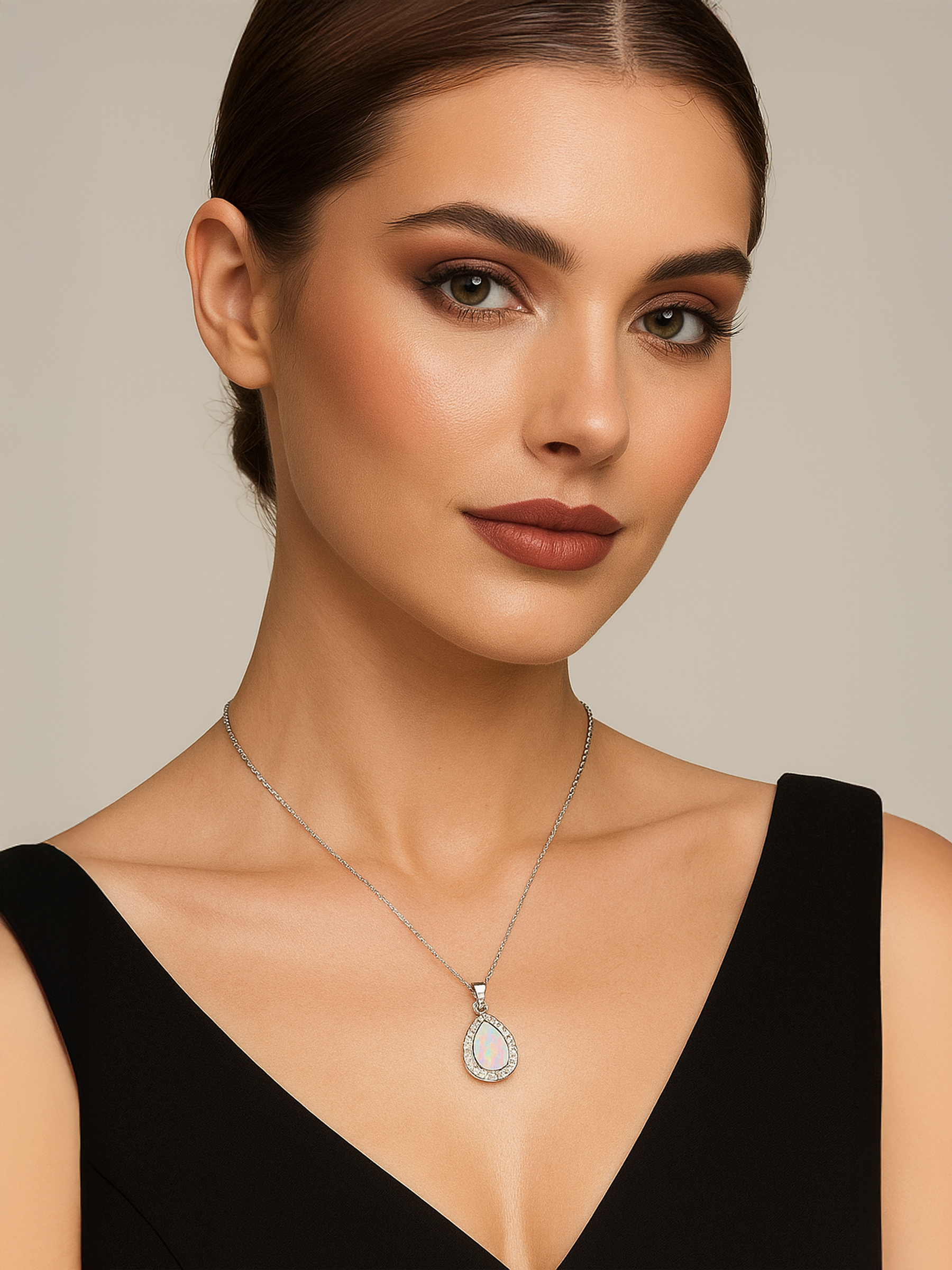 Women Model Wearing White Opal Pendant Necklace
