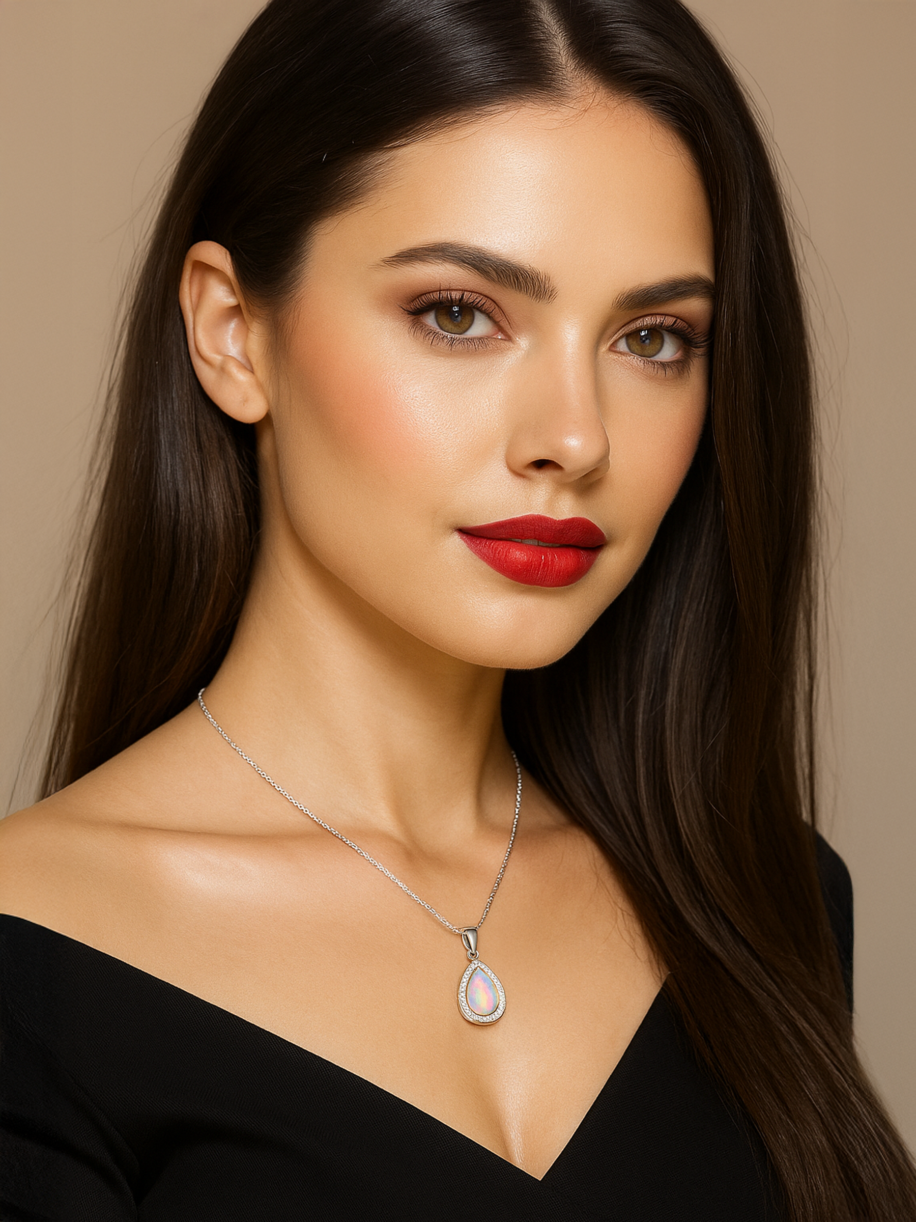 Women Model Wearing White Opal Pendant Necklace