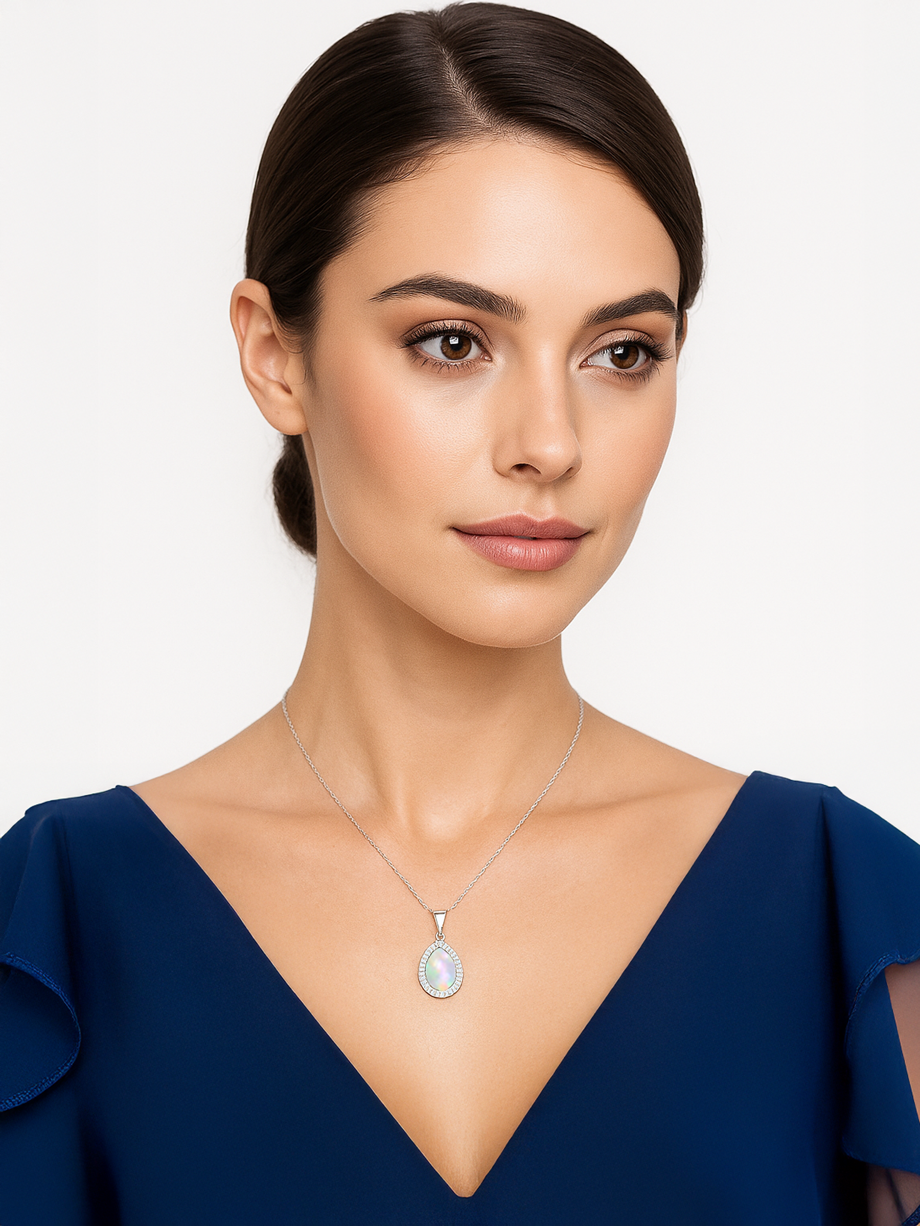 Women Model Wearing White Opal Pendant Necklace