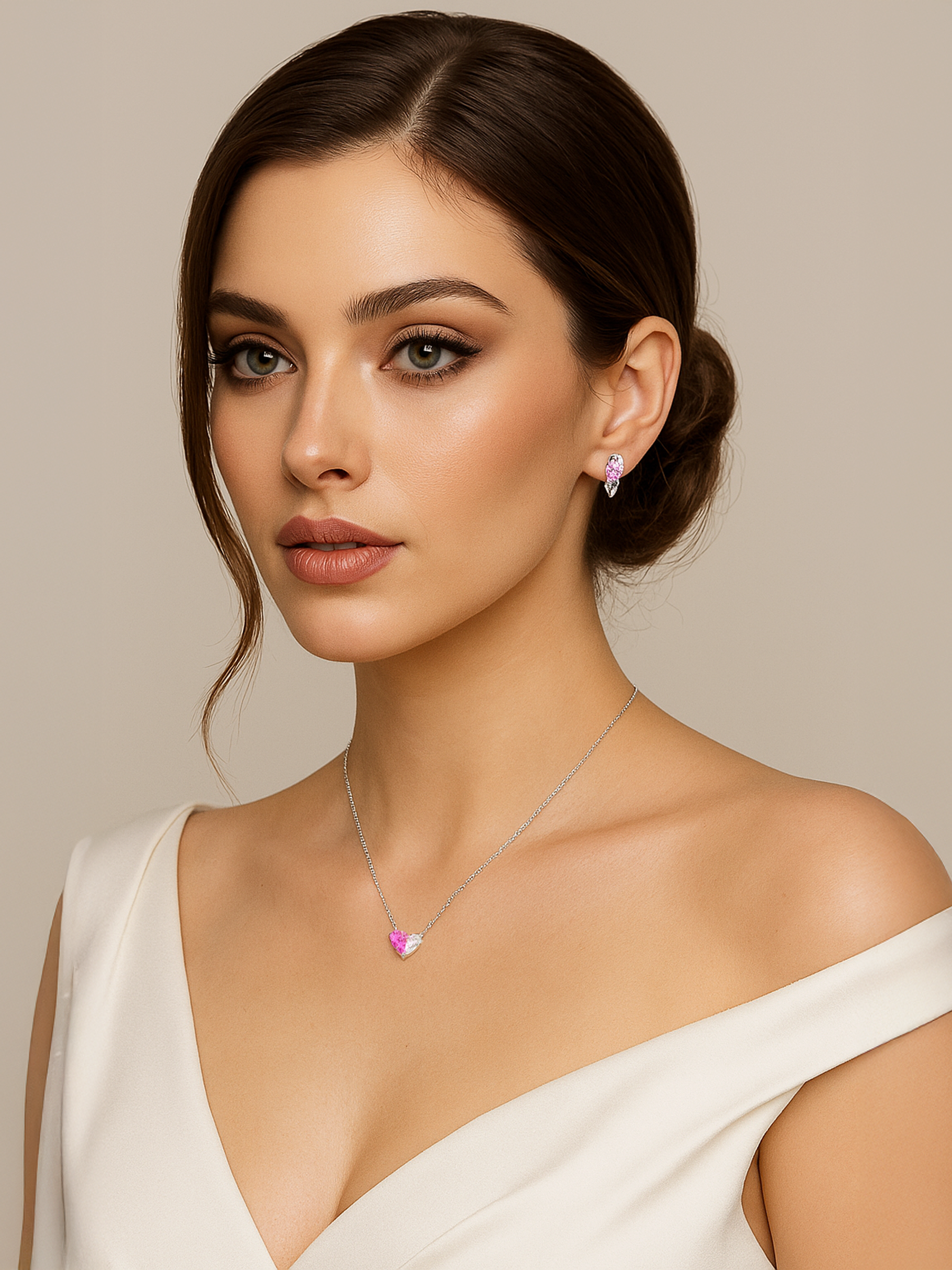 Model wearing pink Sapphire Love Heart Necklace