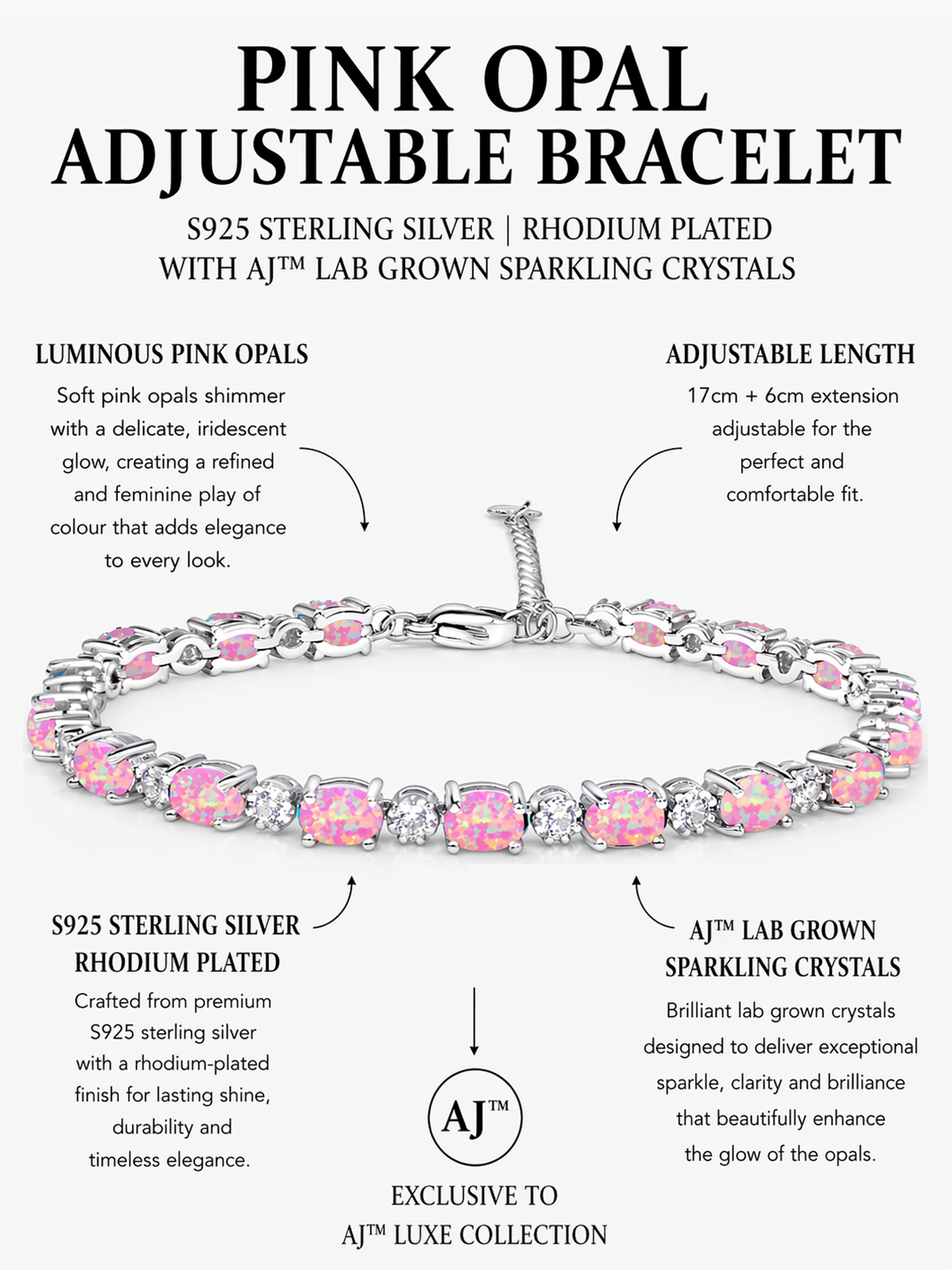 Pink Opal Adjustable Bracelet Sterling Silver