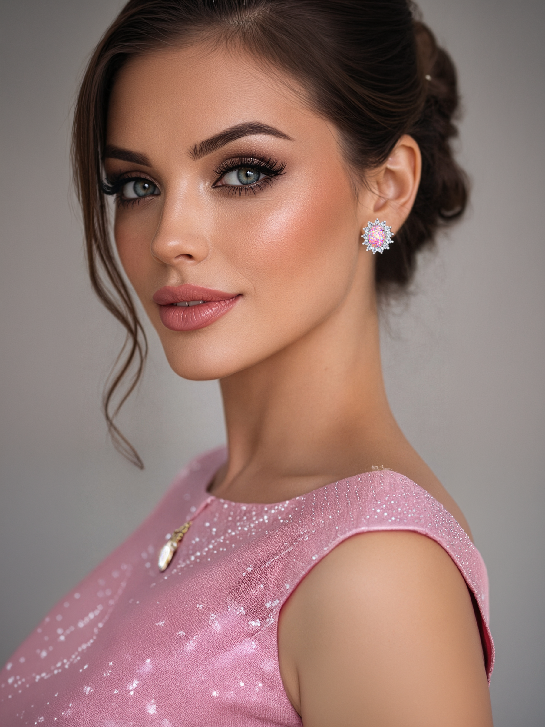 Woman wearing a pink dress with Pink Opal Stud Earrings Sterling Silver