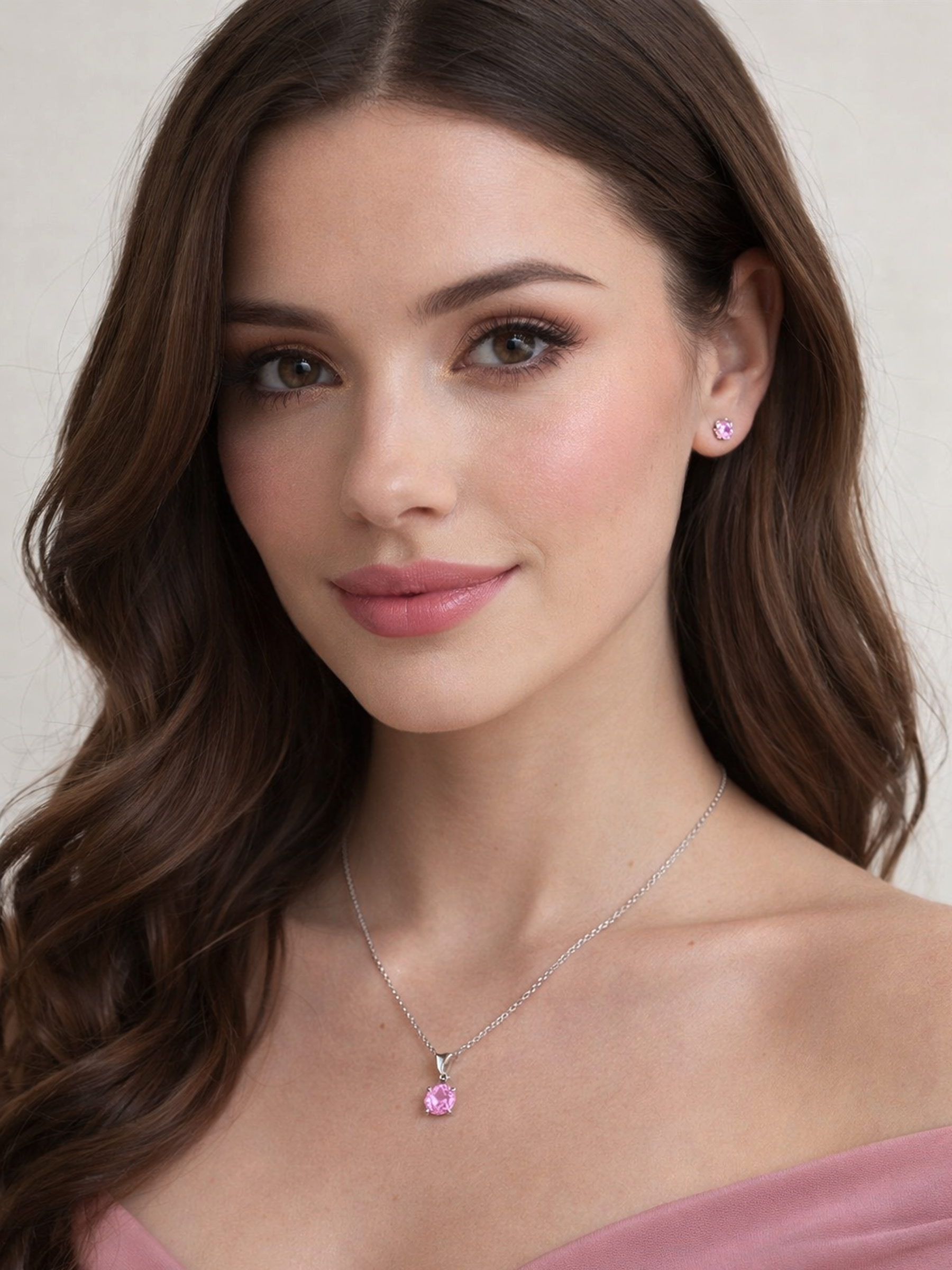 Woman wearing a 1.25Ct Lab Grown Light Pink Topaz Pendant Necklace