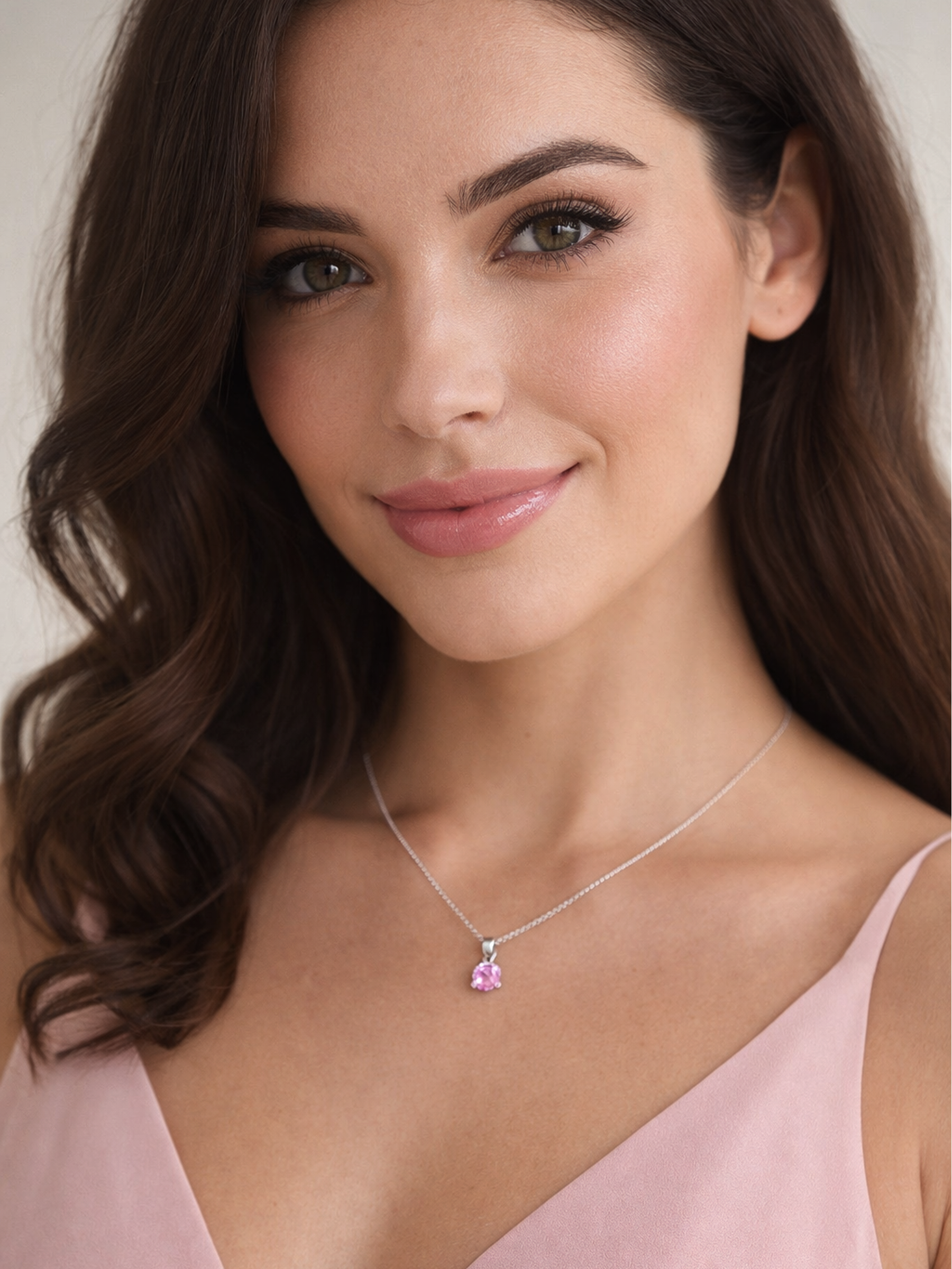 Woman wearing a 1.25Ct Lab Grown Light Pink Topaz Pendant Necklace