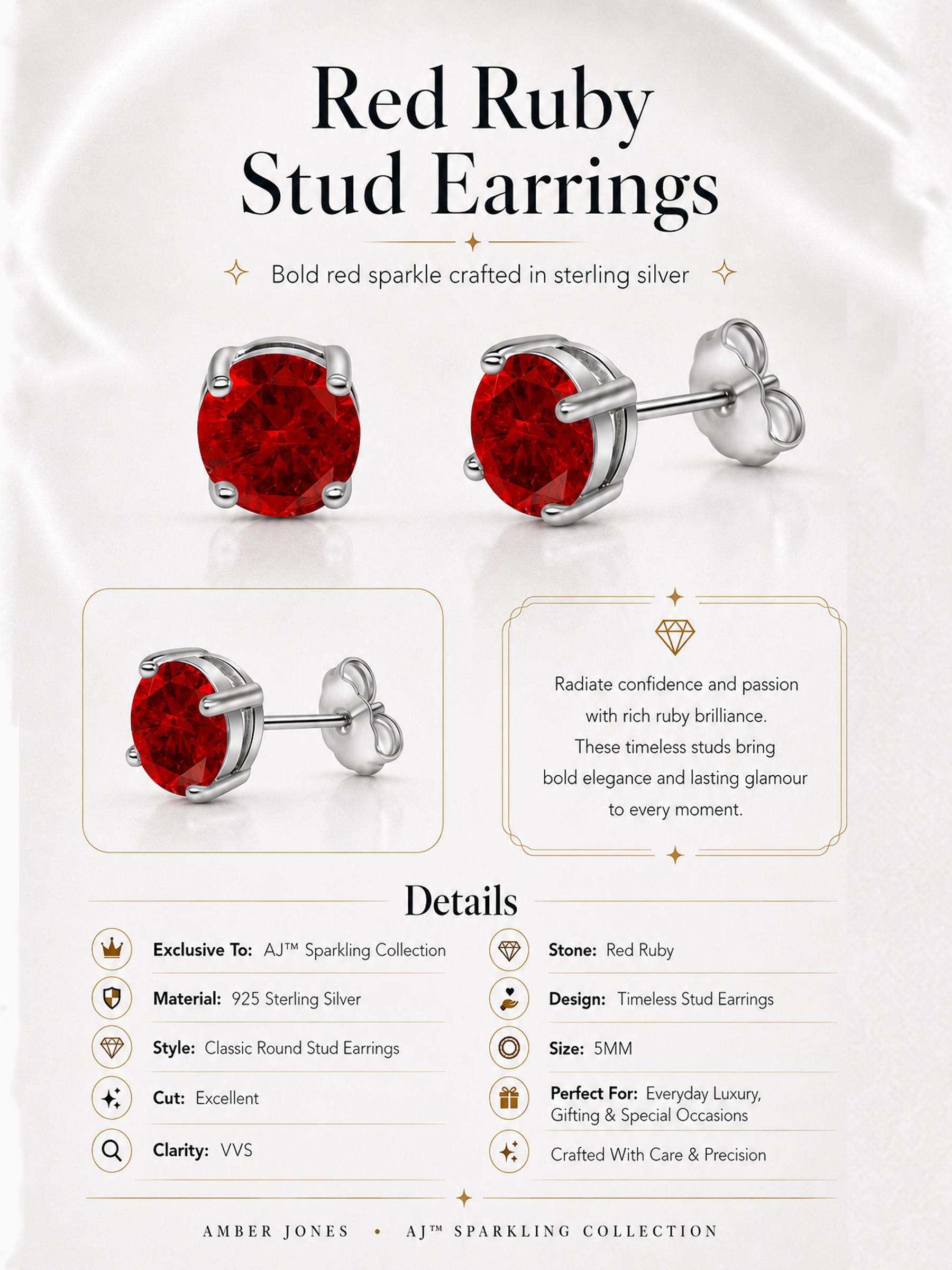 Red Ruby Stud Earrings 925 Sterling Silver