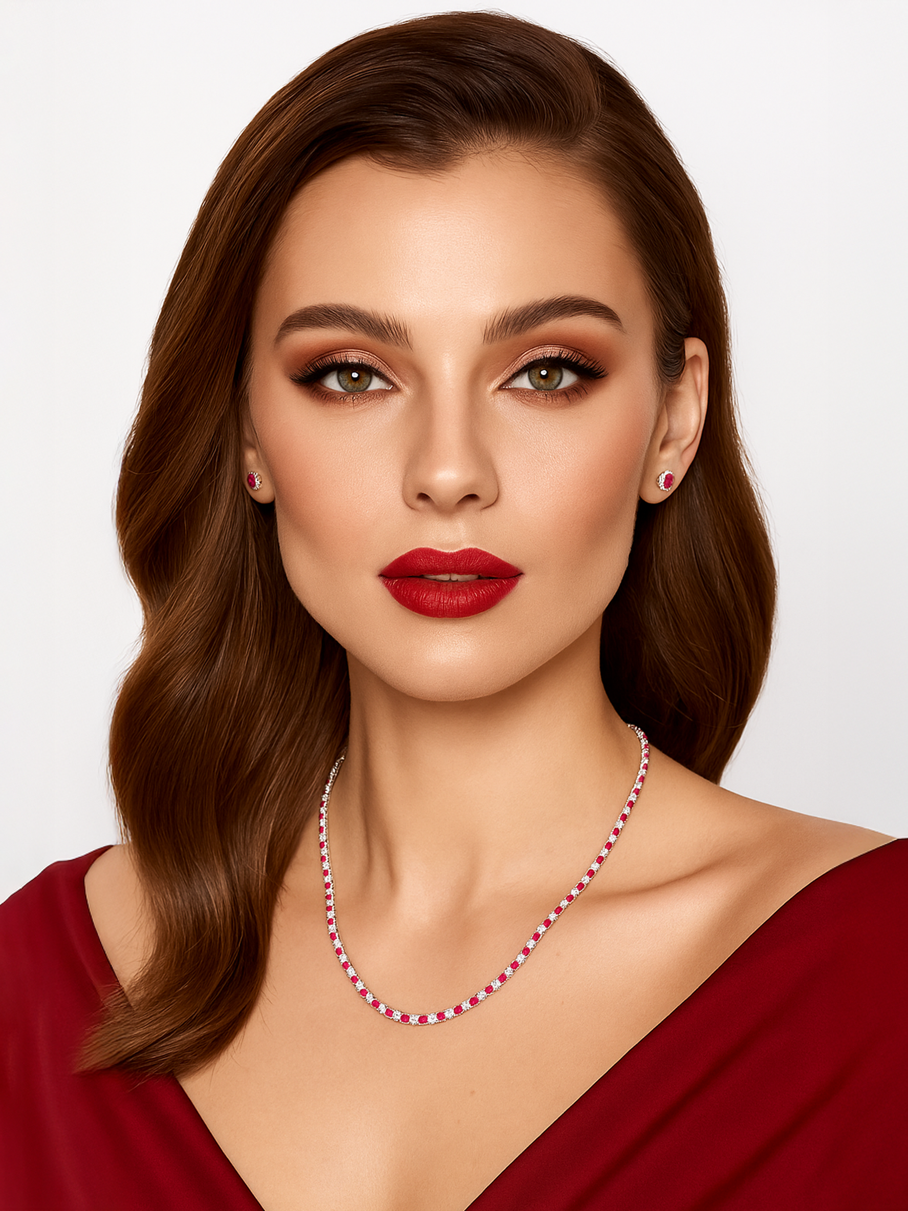 Woman wearing a red dress with red and white tennis necklace