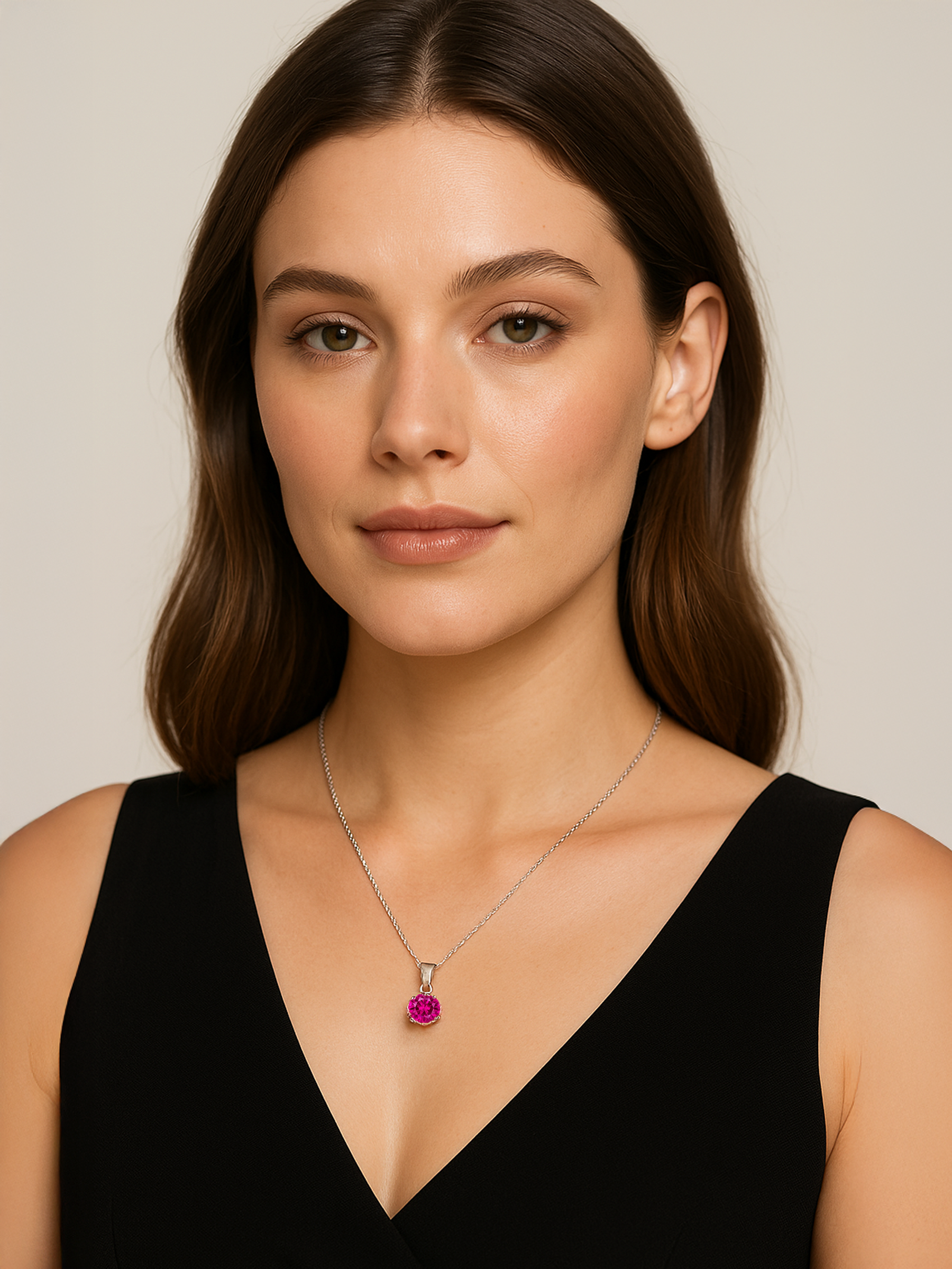 Woman wearing a 1.25ct Lab Grown Rose Pink Tourmaline Pendant Necklace
