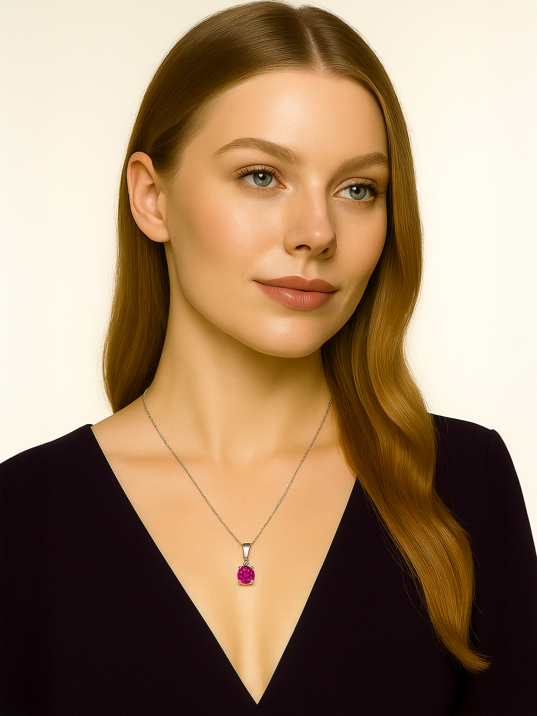 Woman wearing a 1.25ct Lab Grown Rose Pink Tourmaline Pendant Necklace