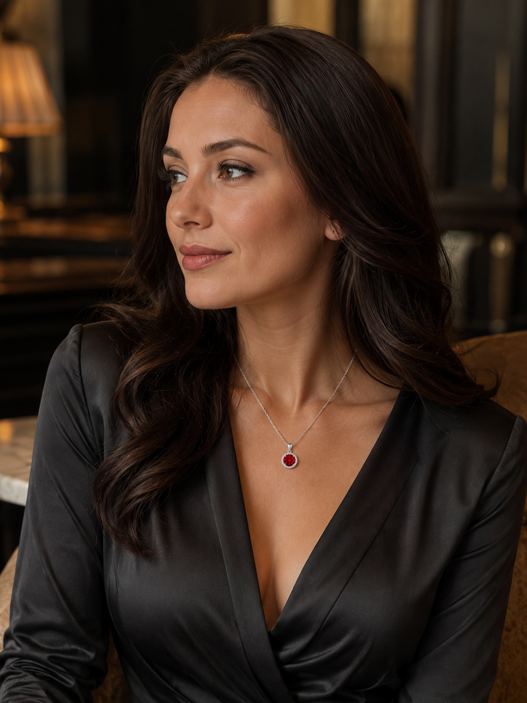 A woman with long dark brown hair wearing a black satin wrap top and a 1.2Ct Lab Ruby Round Cut Pendant Necklace