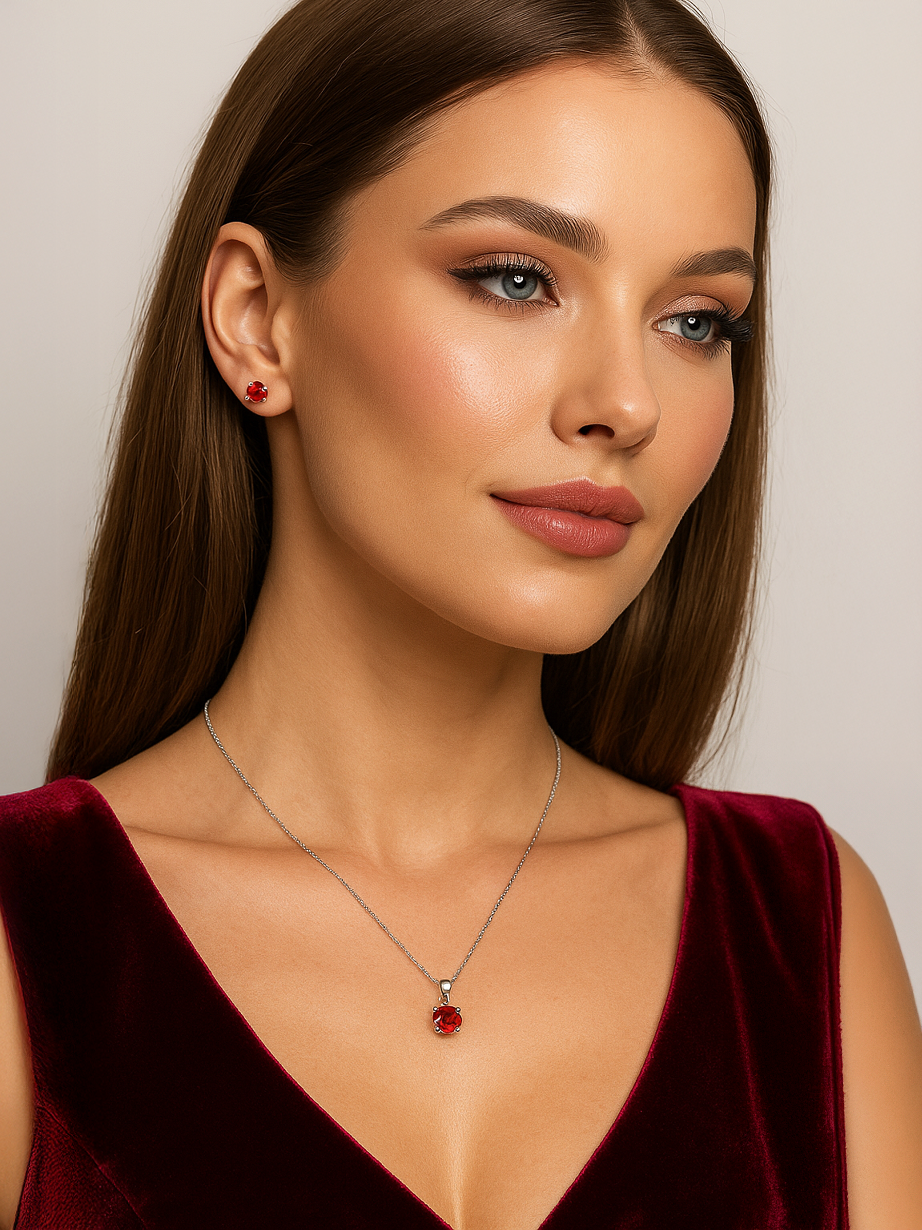 Woman wearing a red dress with 1ct Ruby Pendant Necklace