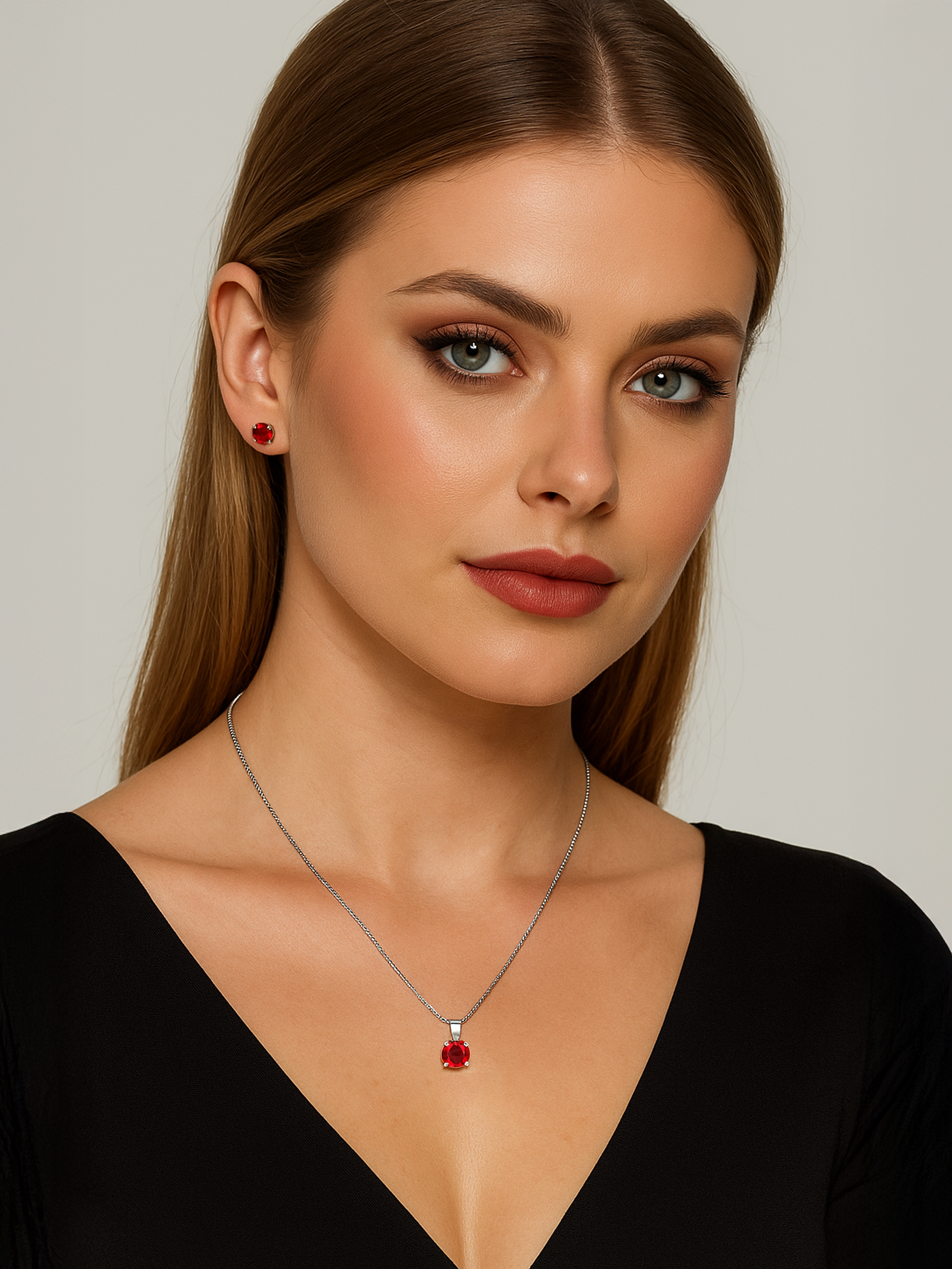 Woman wearing a 1ct Ruby Pendant Necklace